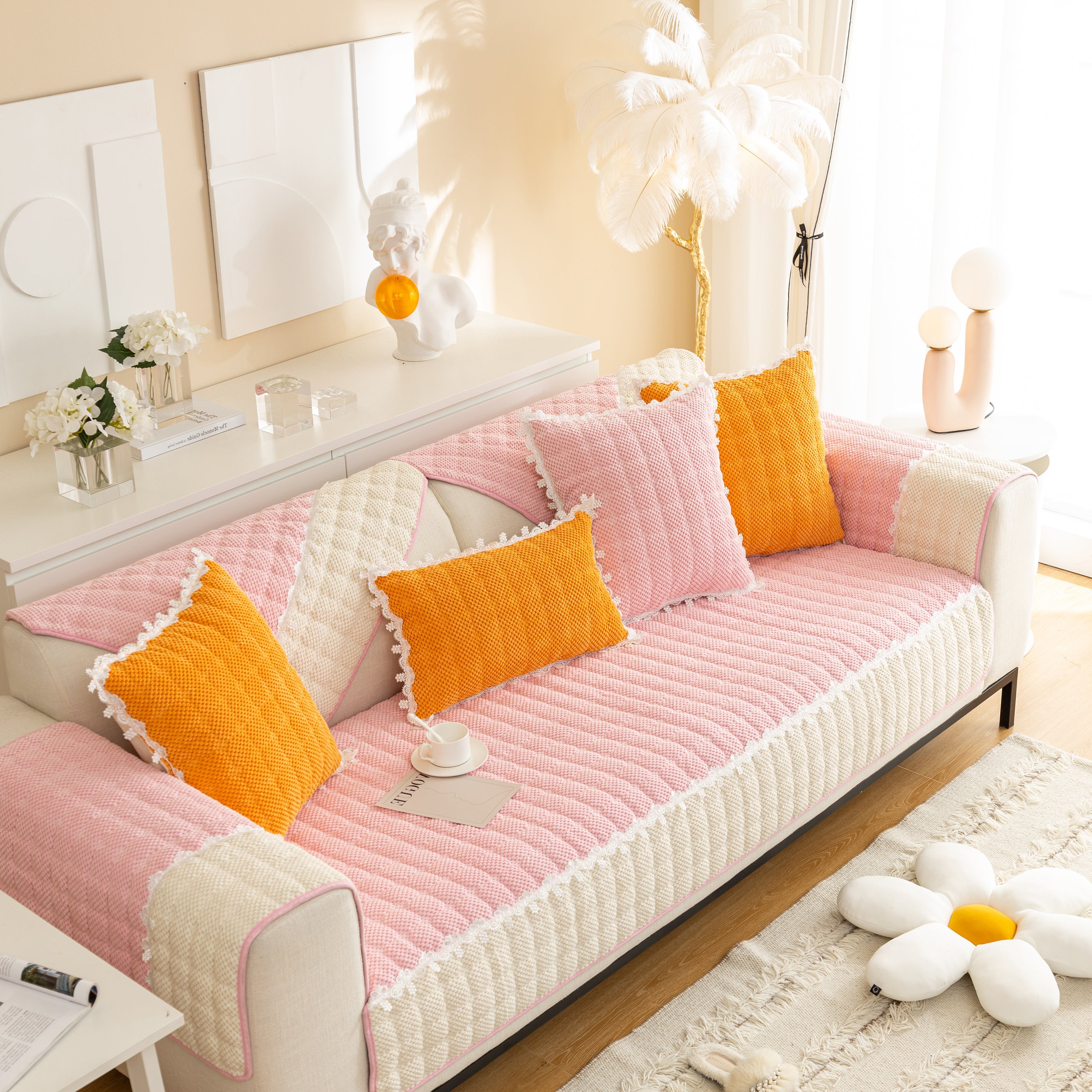 Non-slip Sectional Couch Cover With Lace, Furniture Protector For Dogs, Pets, And Kids Iii
