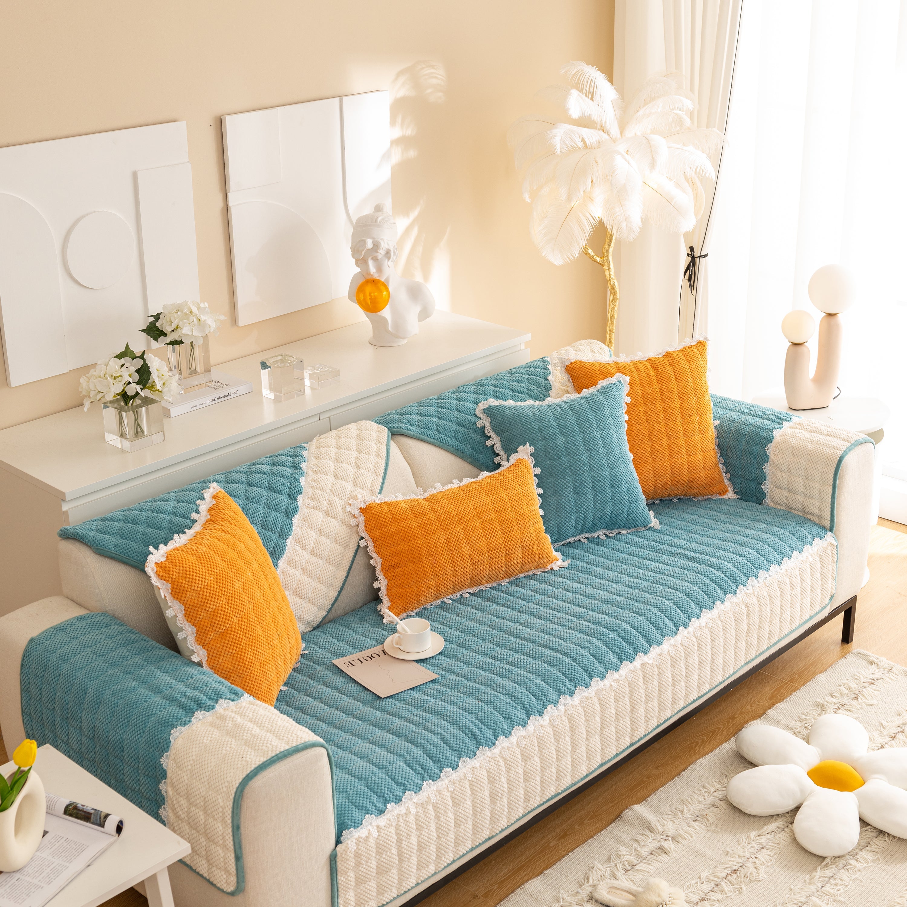 Non-slip Sectional Couch Cover With Lace, Furniture Protector For Dogs, Pets, And Kids Iii