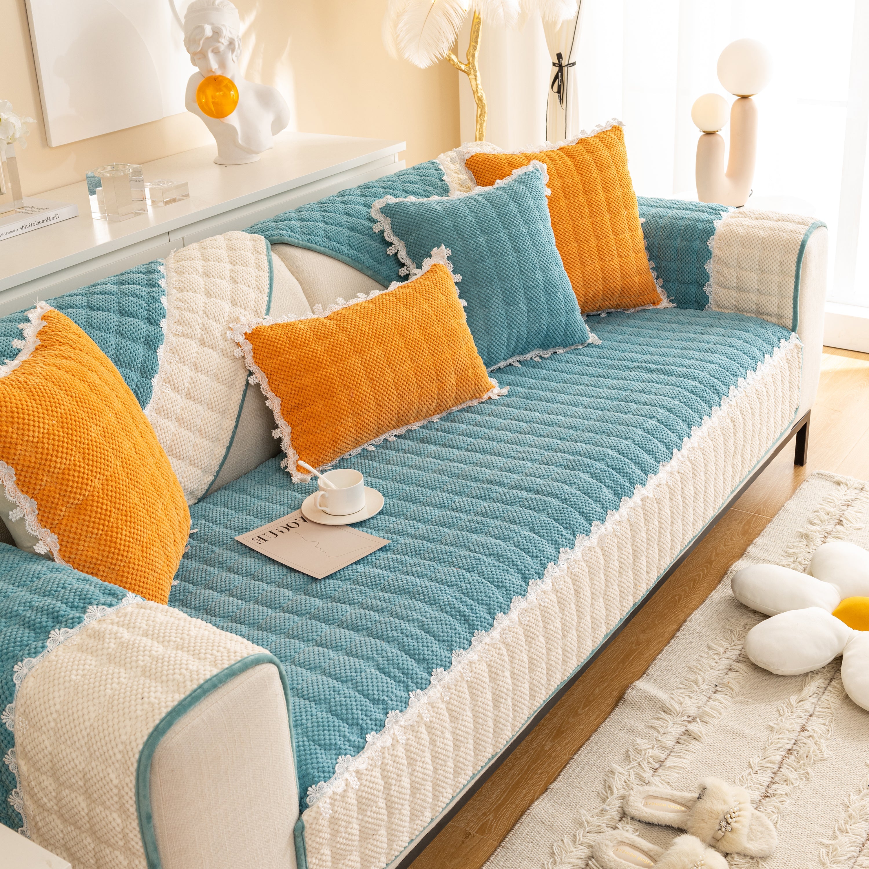 Non-slip Sectional Couch Cover With Lace, Furniture Protector For Dogs, Pets, And Kids Iii