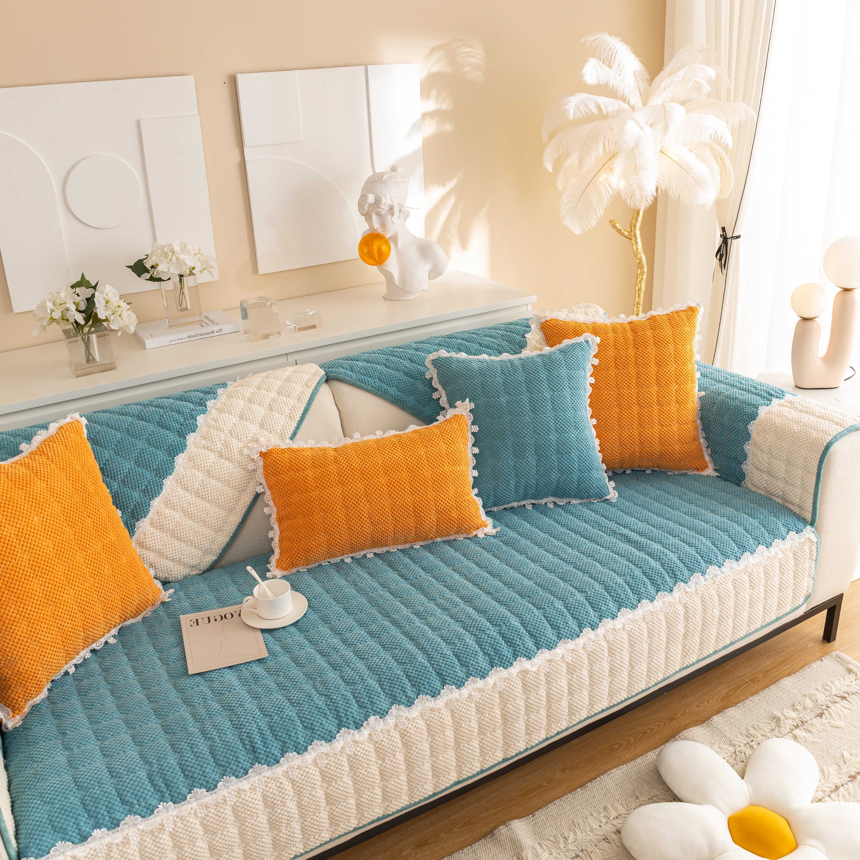 Non-slip Sectional Couch Cover With Lace, Furniture Protector For Dogs, Pets, And Kids Iii