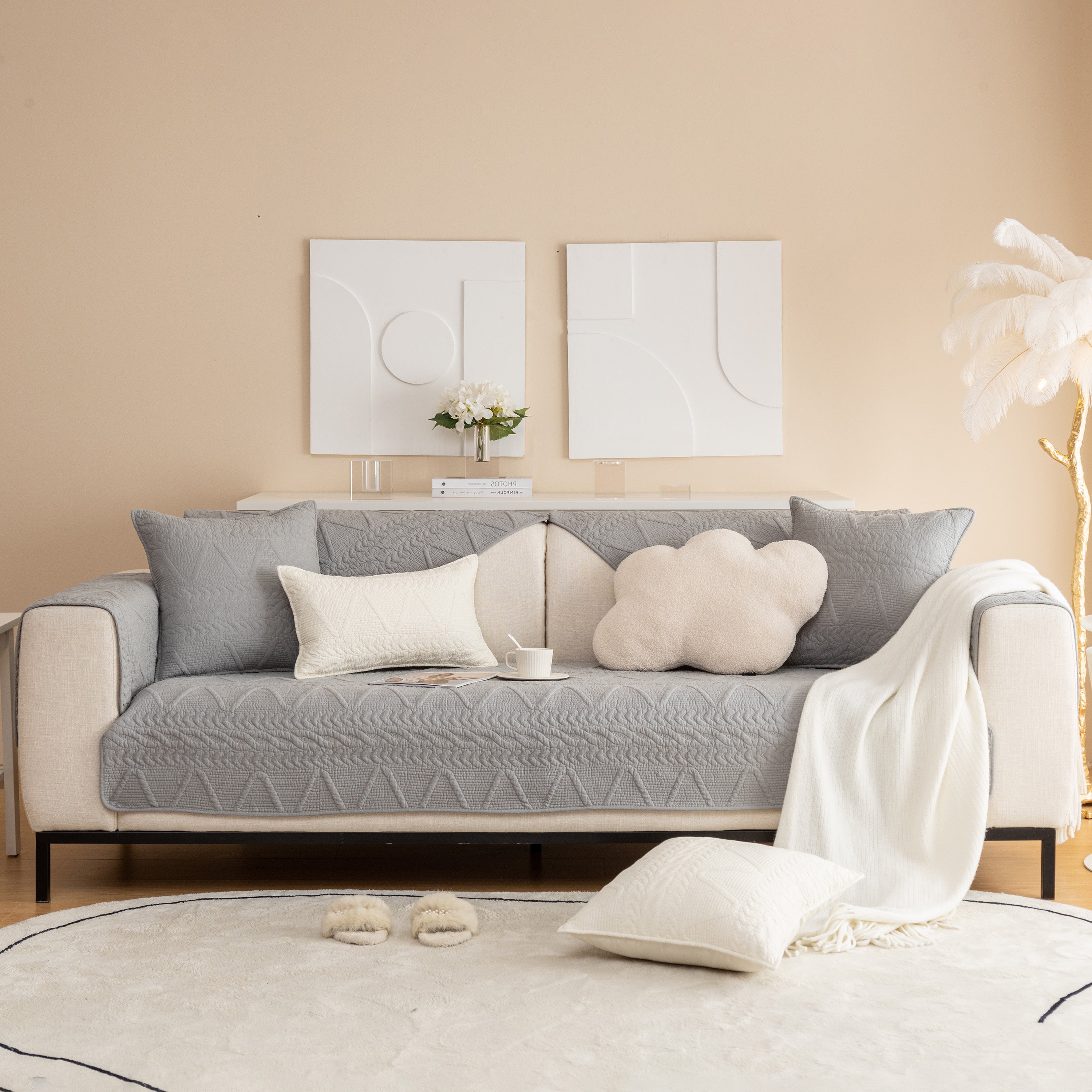Geometric Textured Cotton Quilted Sofa Cover, Non-slip Washable Couch Protector