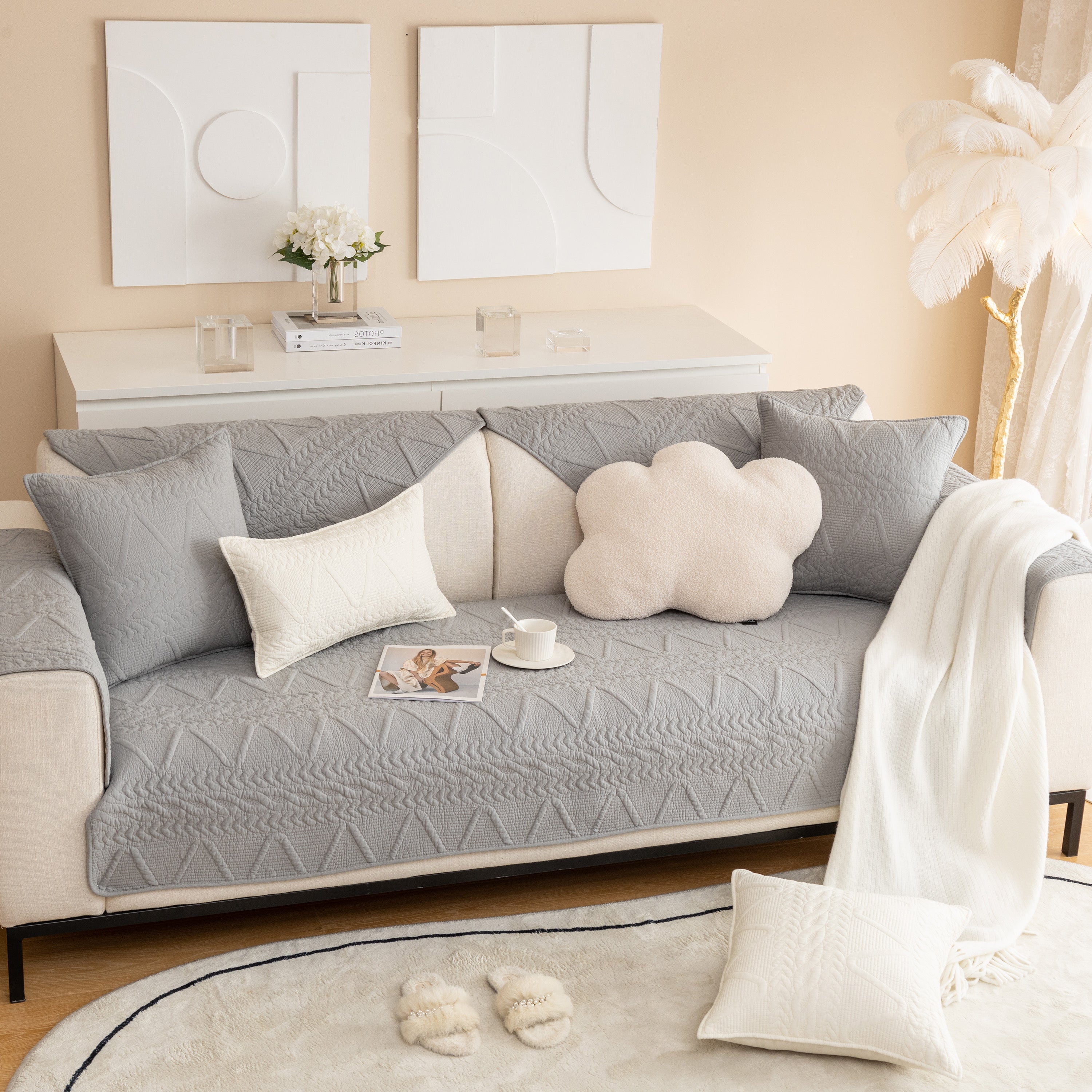 Geometric Textured Cotton Quilted Sofa Cover, Non-slip Washable Couch Protector