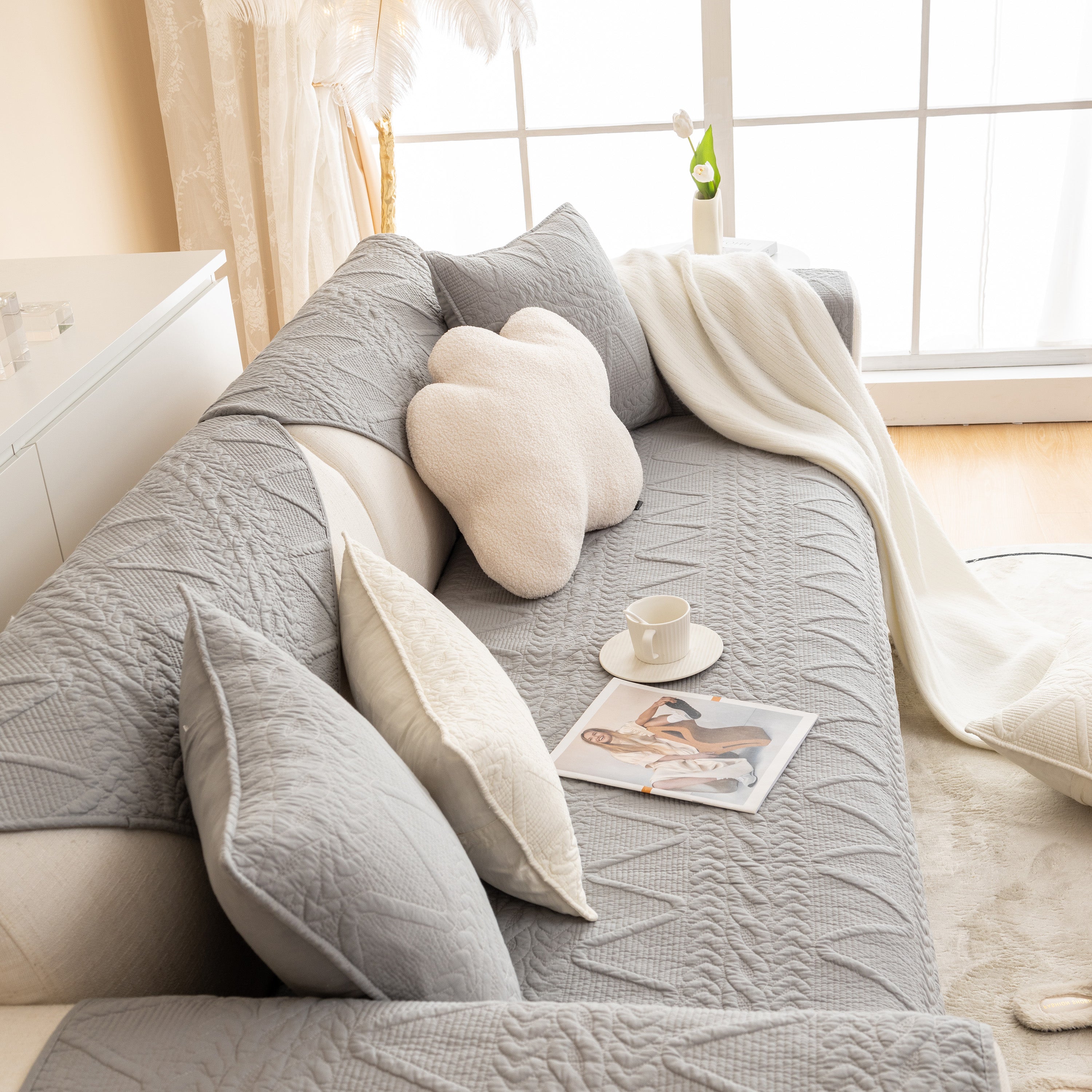 Geometric Textured Cotton Quilted Sofa Cover, Non-slip Washable Couch Protector
