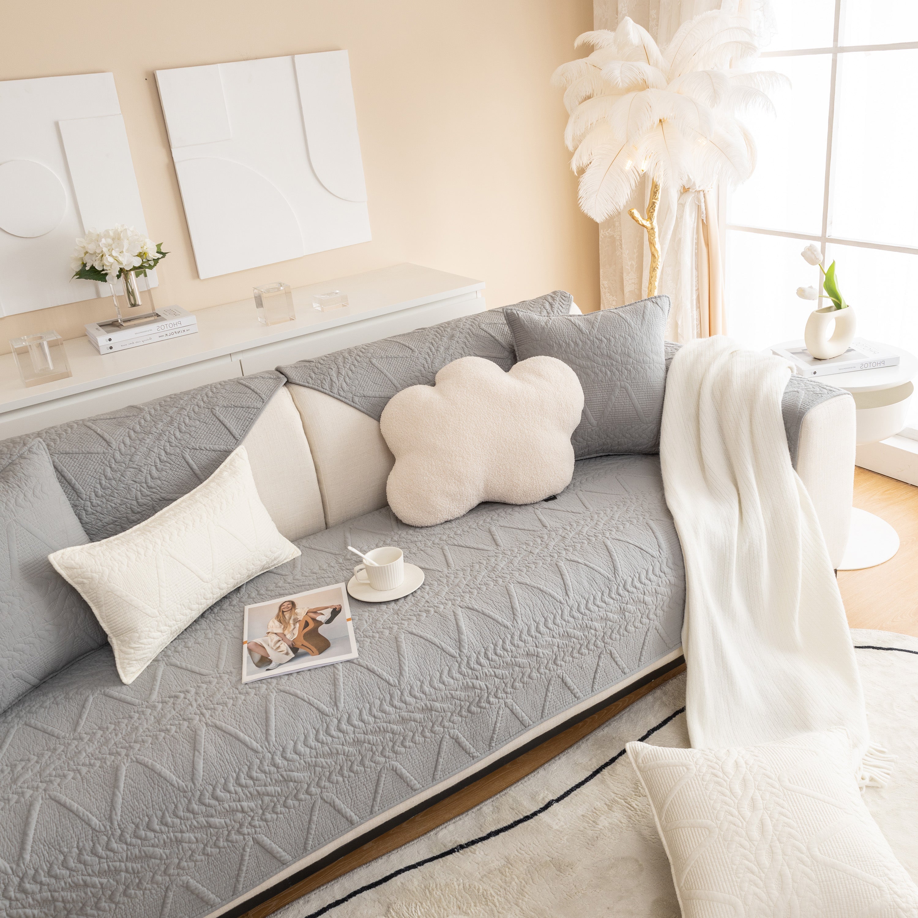 Geometric Textured Cotton Quilted Sofa Cover, Non-slip Washable Couch Protector