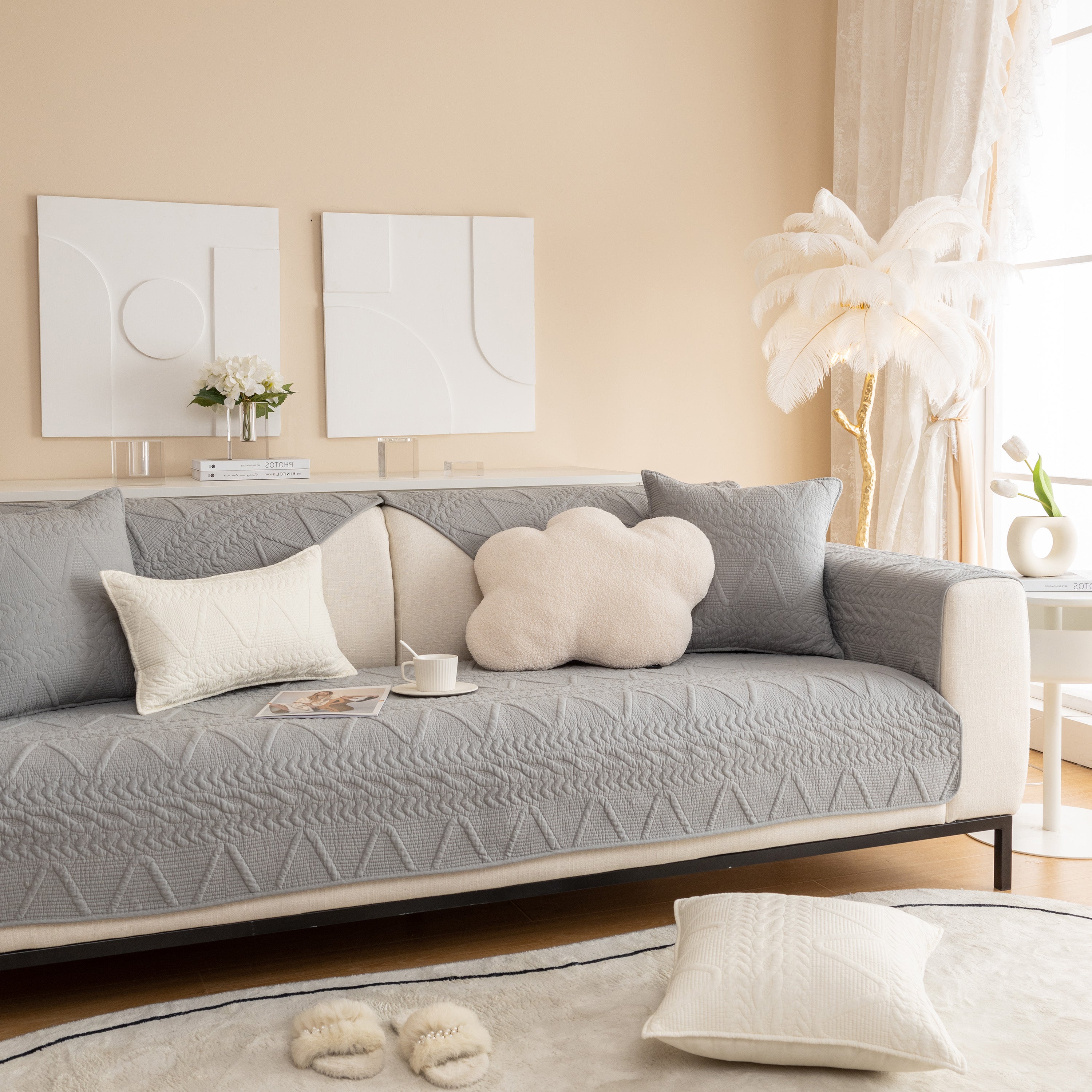 Geometric Textured Cotton Quilted Sofa Cover, Non-slip Washable Couch Protector