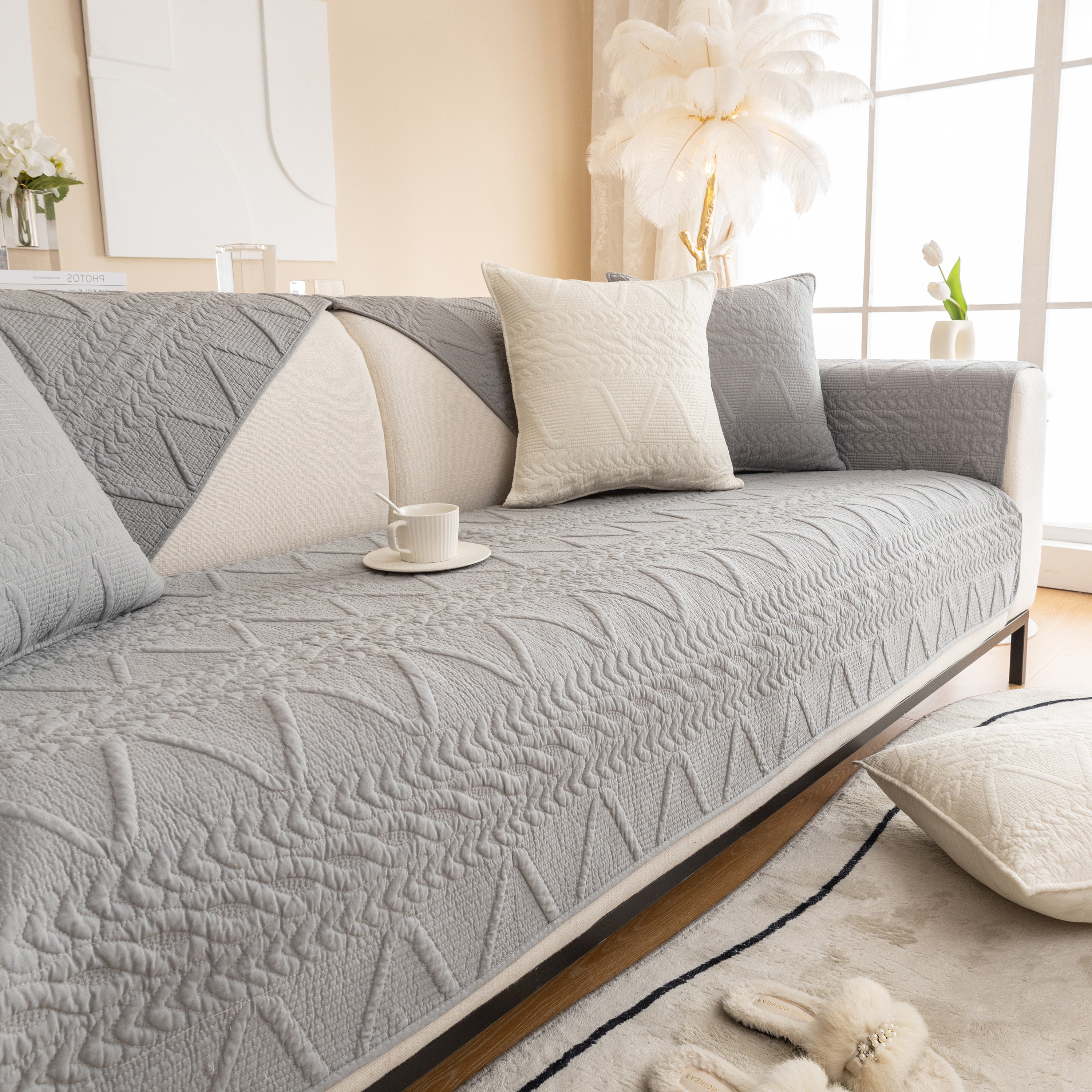Geometric Textured Cotton Quilted Sofa Cover, Non-slip Washable Couch Protector