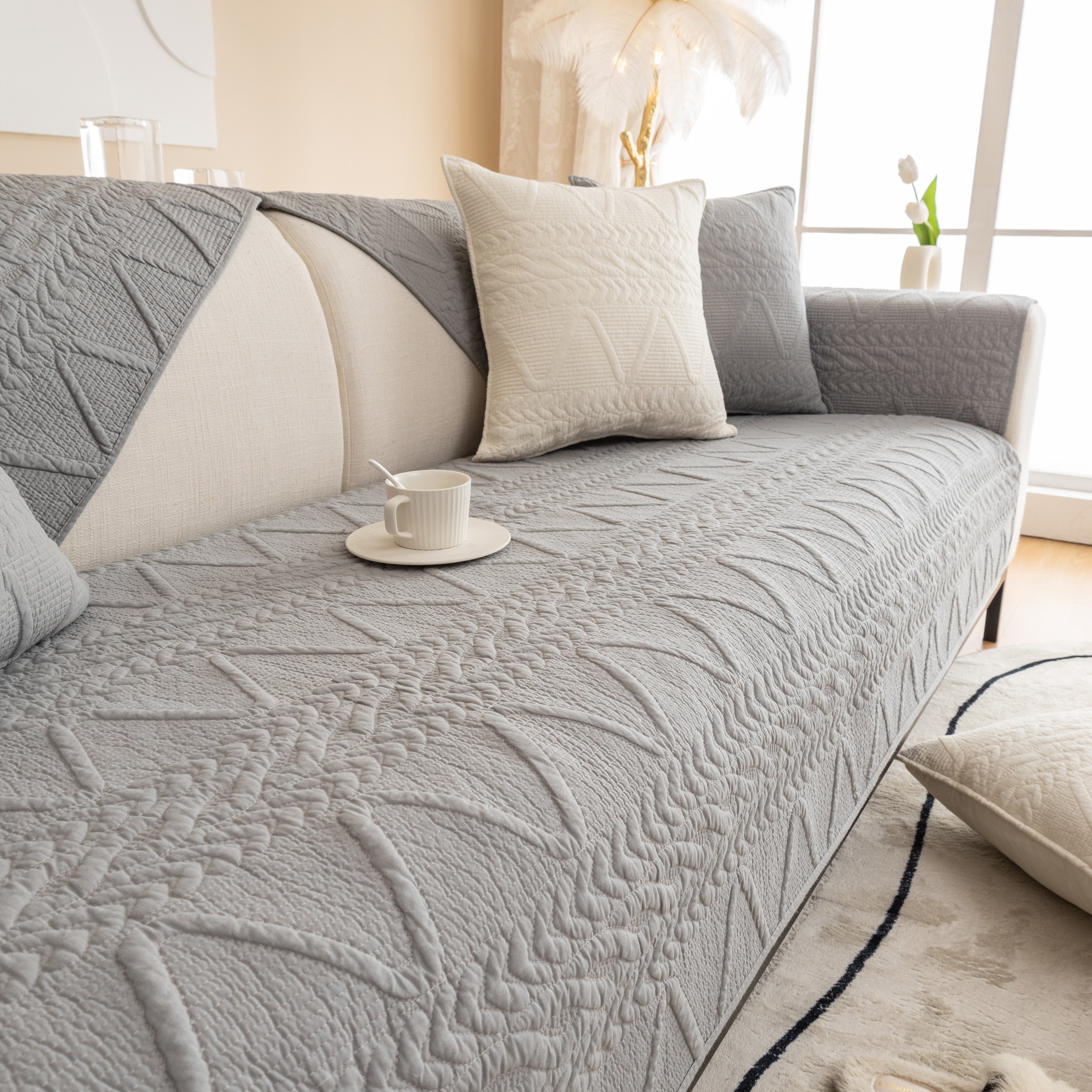 Geometric Textured Cotton Quilted Sofa Cover, Non-slip Washable Couch Protector