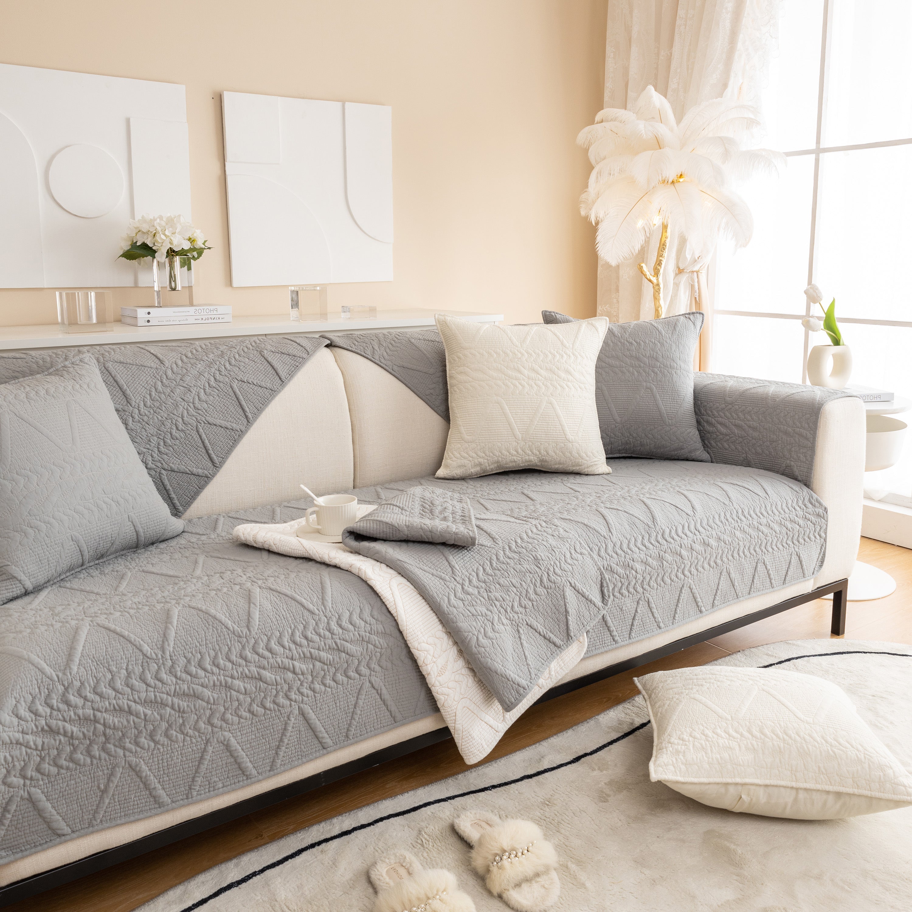 Geometric Textured Cotton Quilted Sofa Cover, Non-slip Washable Couch Protector