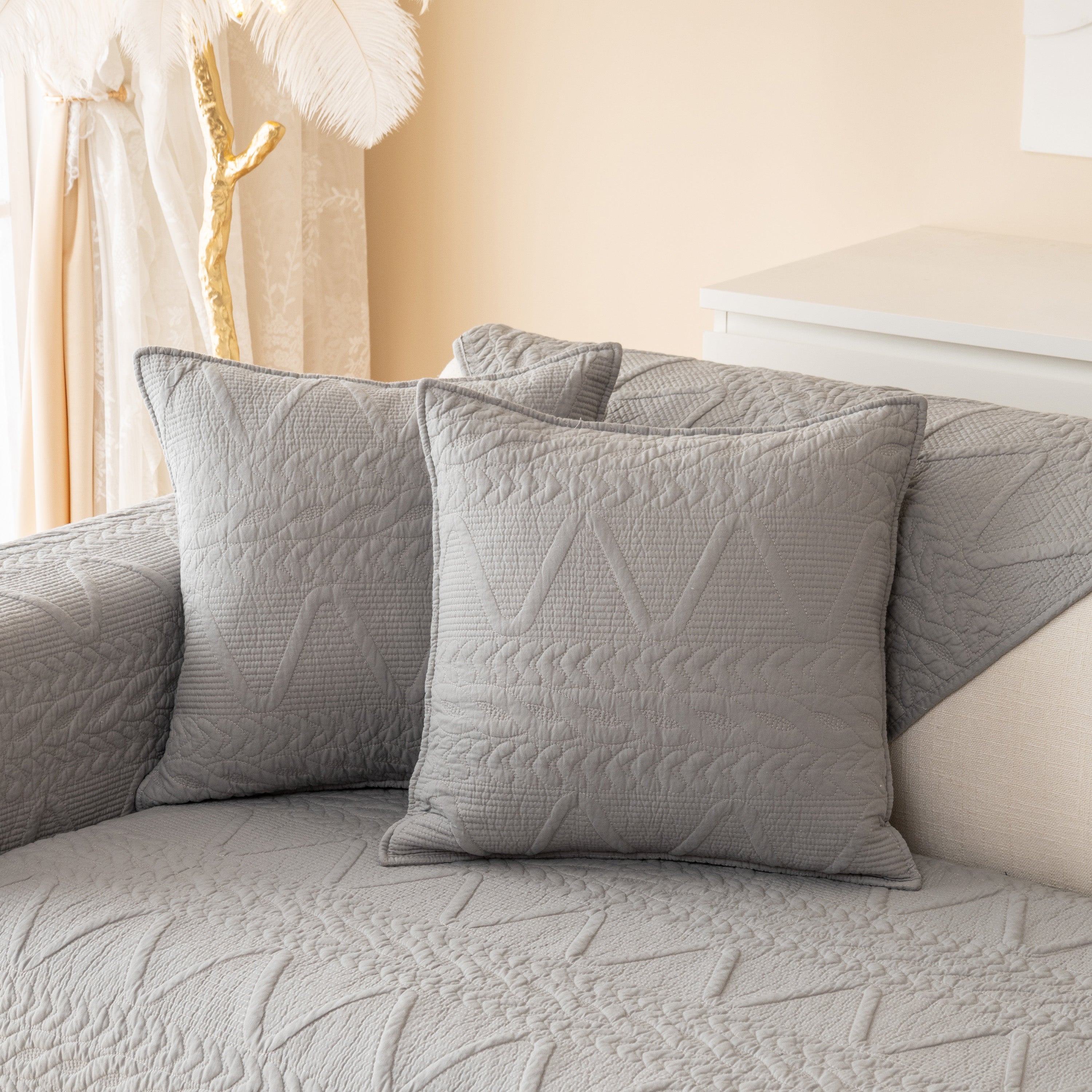 Geometric Textured Cotton Quilted Sofa Cover, Non-slip Washable Couch Protector