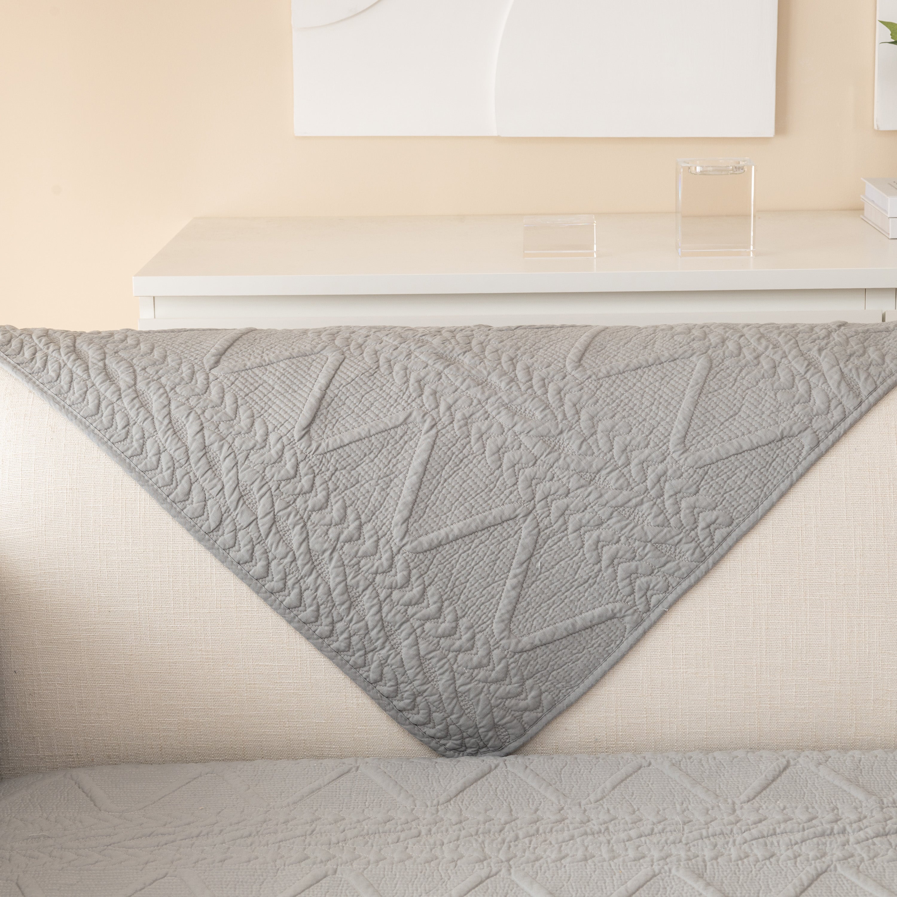 Geometric Textured Cotton Quilted Sofa Cover, Non-slip Washable Couch Protector