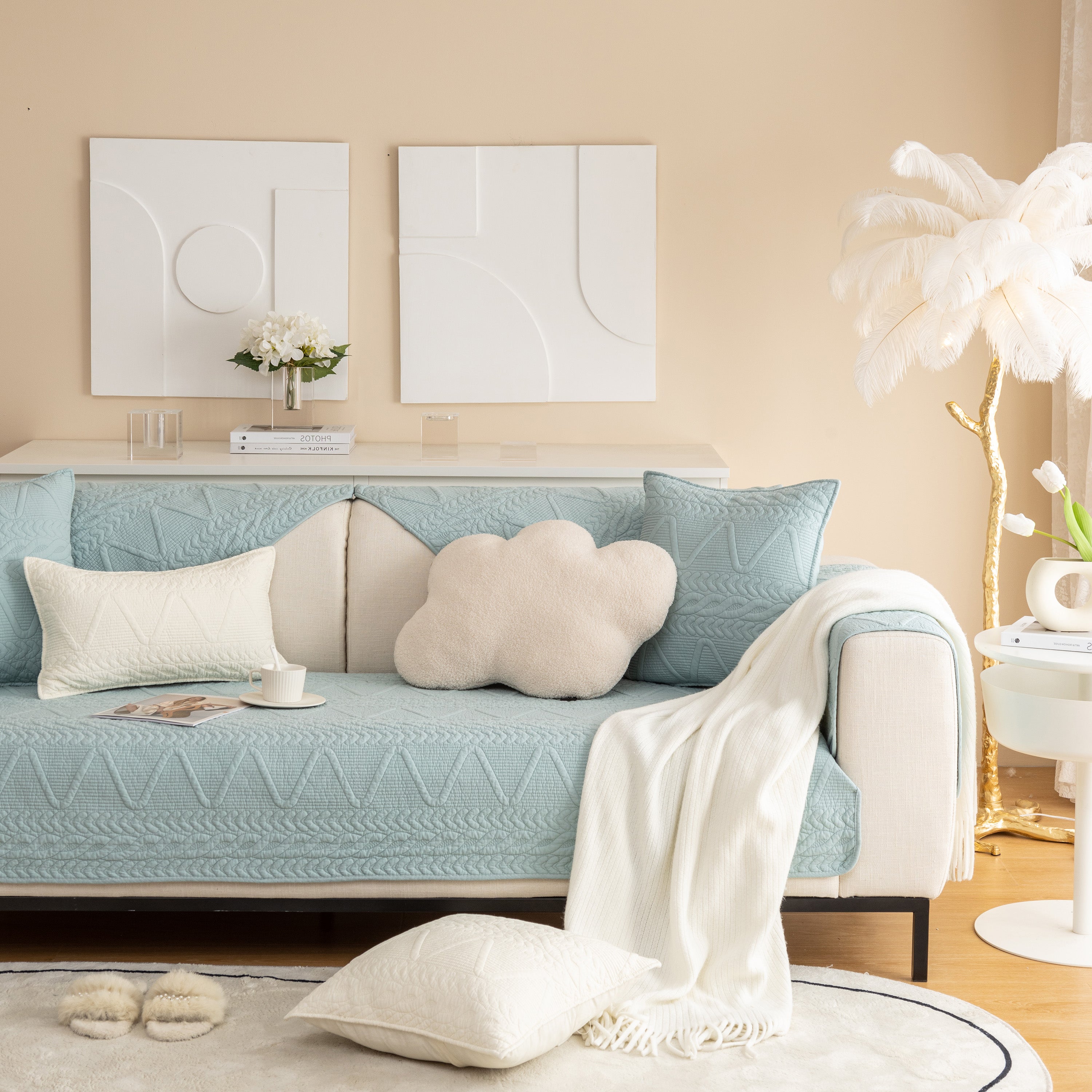 Geometric Textured Cotton Quilted Sofa Cover, Non-slip Washable Couch Protector