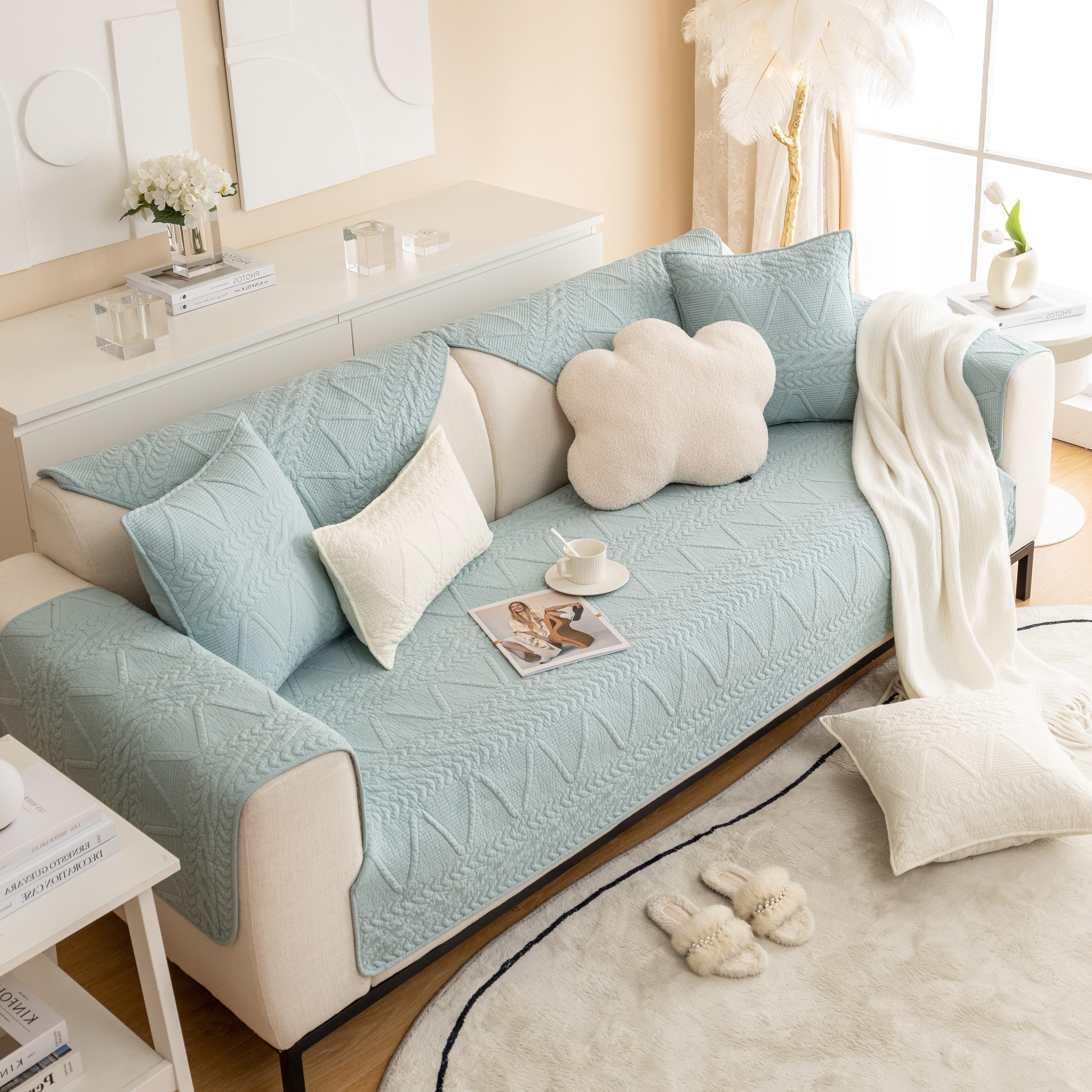 Geometric Textured Cotton Quilted Sofa Cover, Non-slip Washable Couch Protector