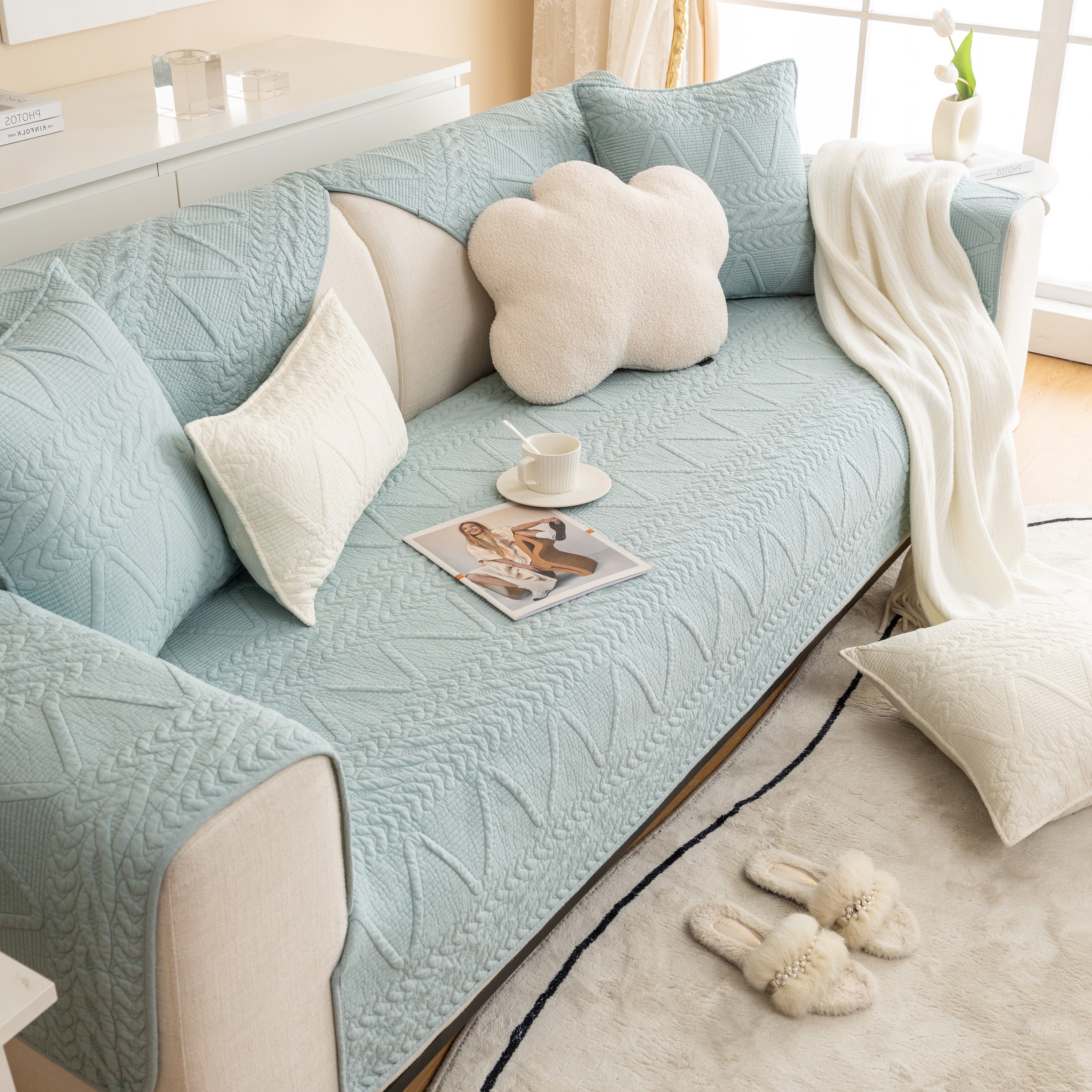 Geometric Textured Cotton Quilted Sofa Cover, Non-slip Washable Couch Protector