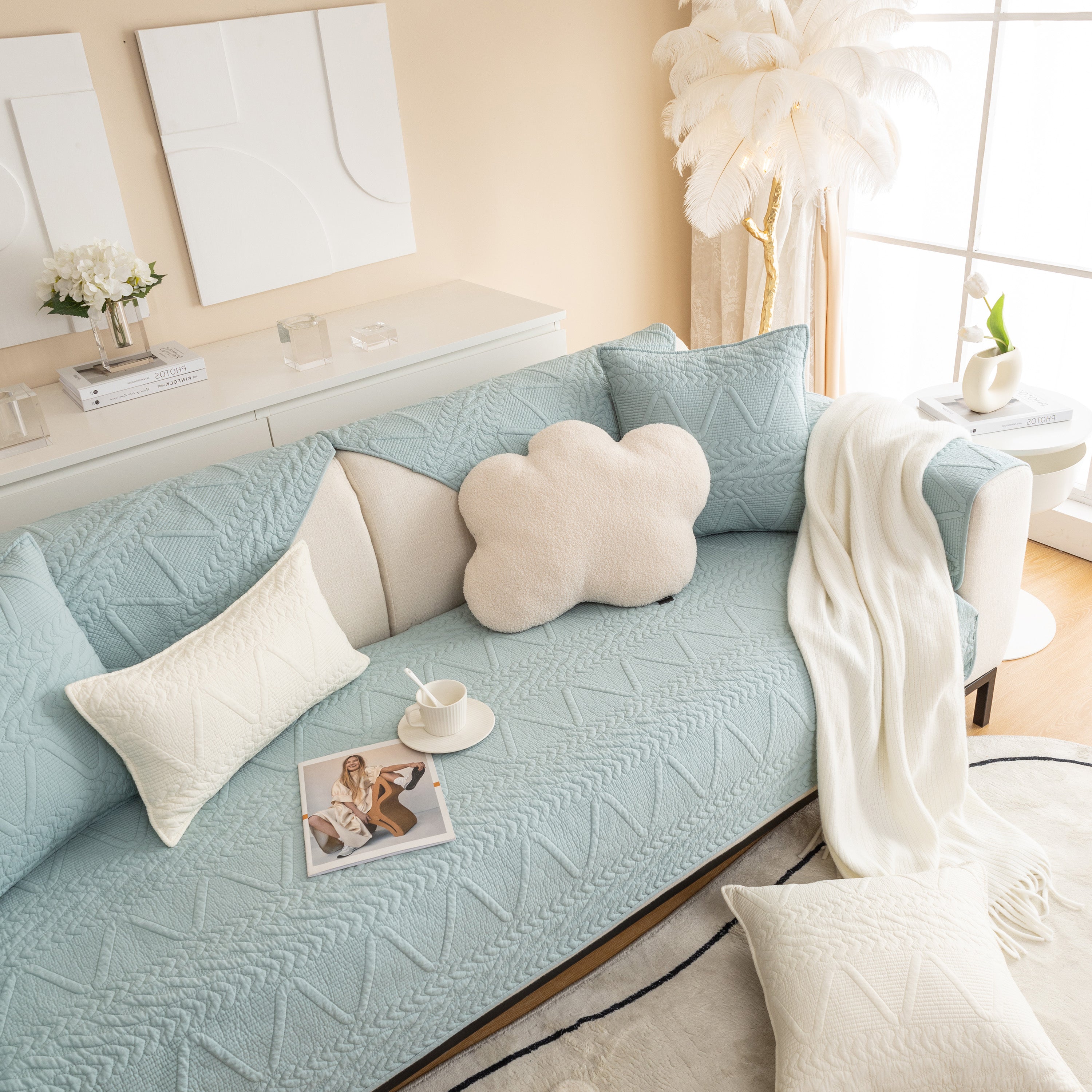 Geometric Textured Cotton Quilted Sofa Cover, Non-slip Washable Couch Protector