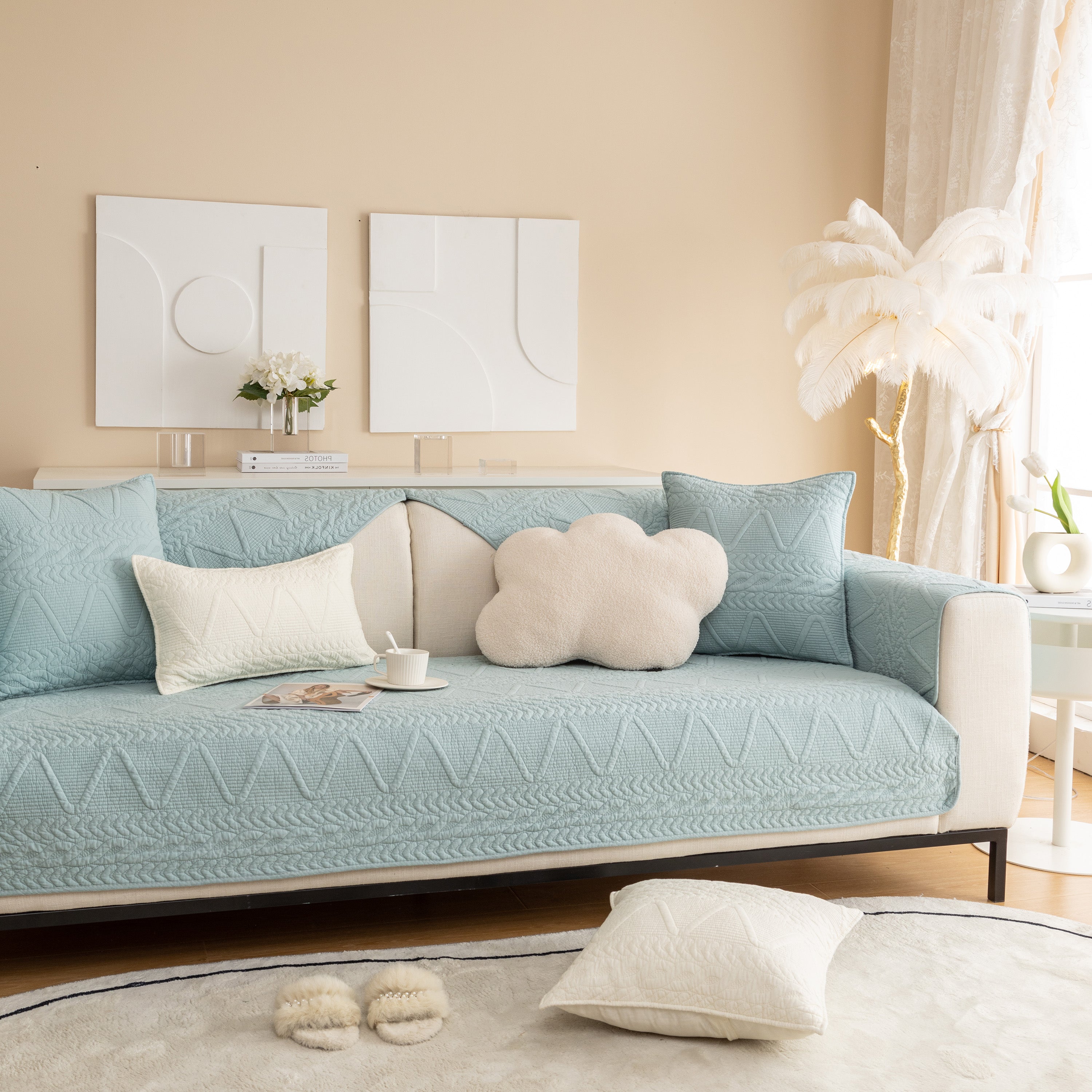 Geometric Textured Cotton Quilted Sofa Cover, Non-slip Washable Couch Protector