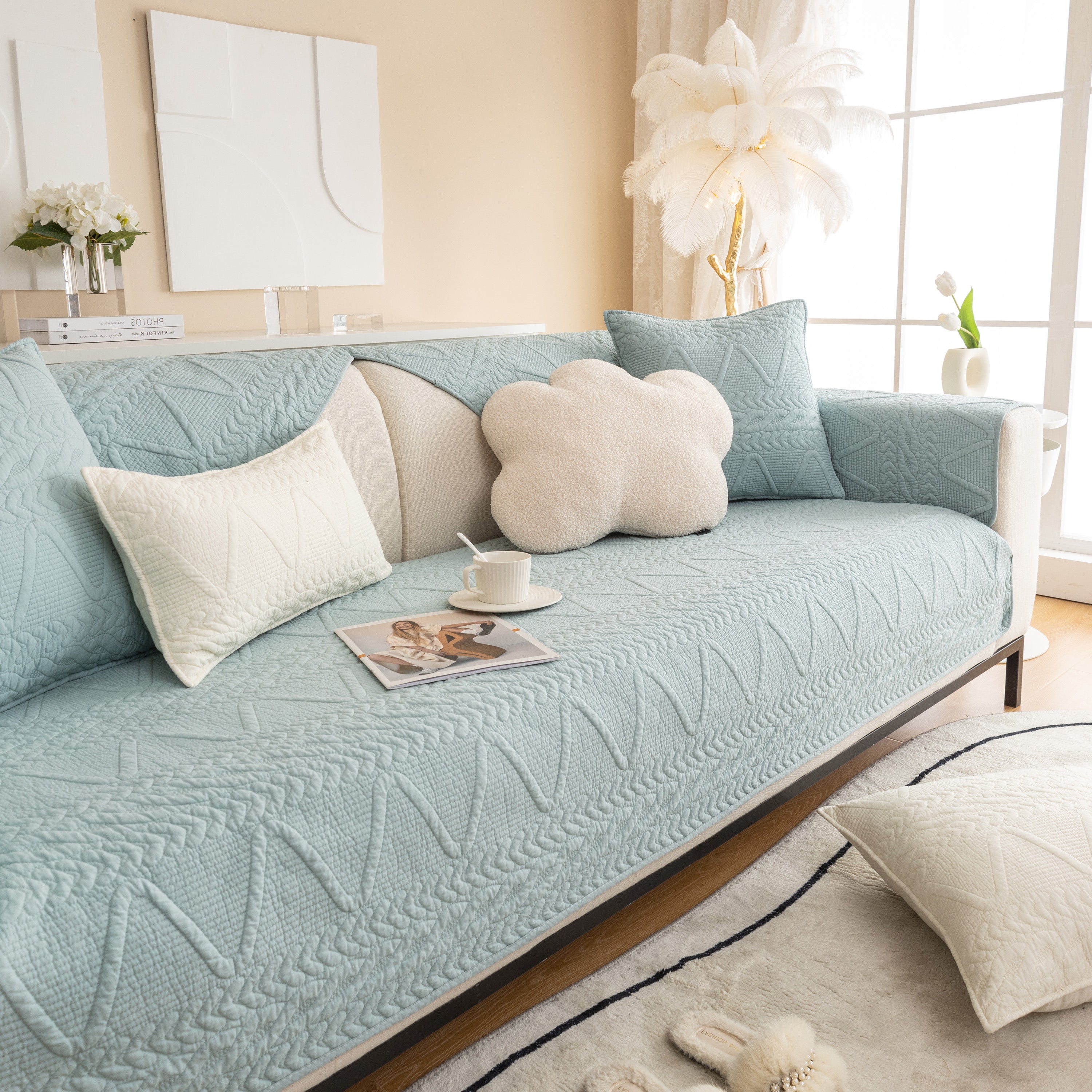 Geometric Textured Cotton Quilted Sofa Cover, Non-slip Washable Couch Protector