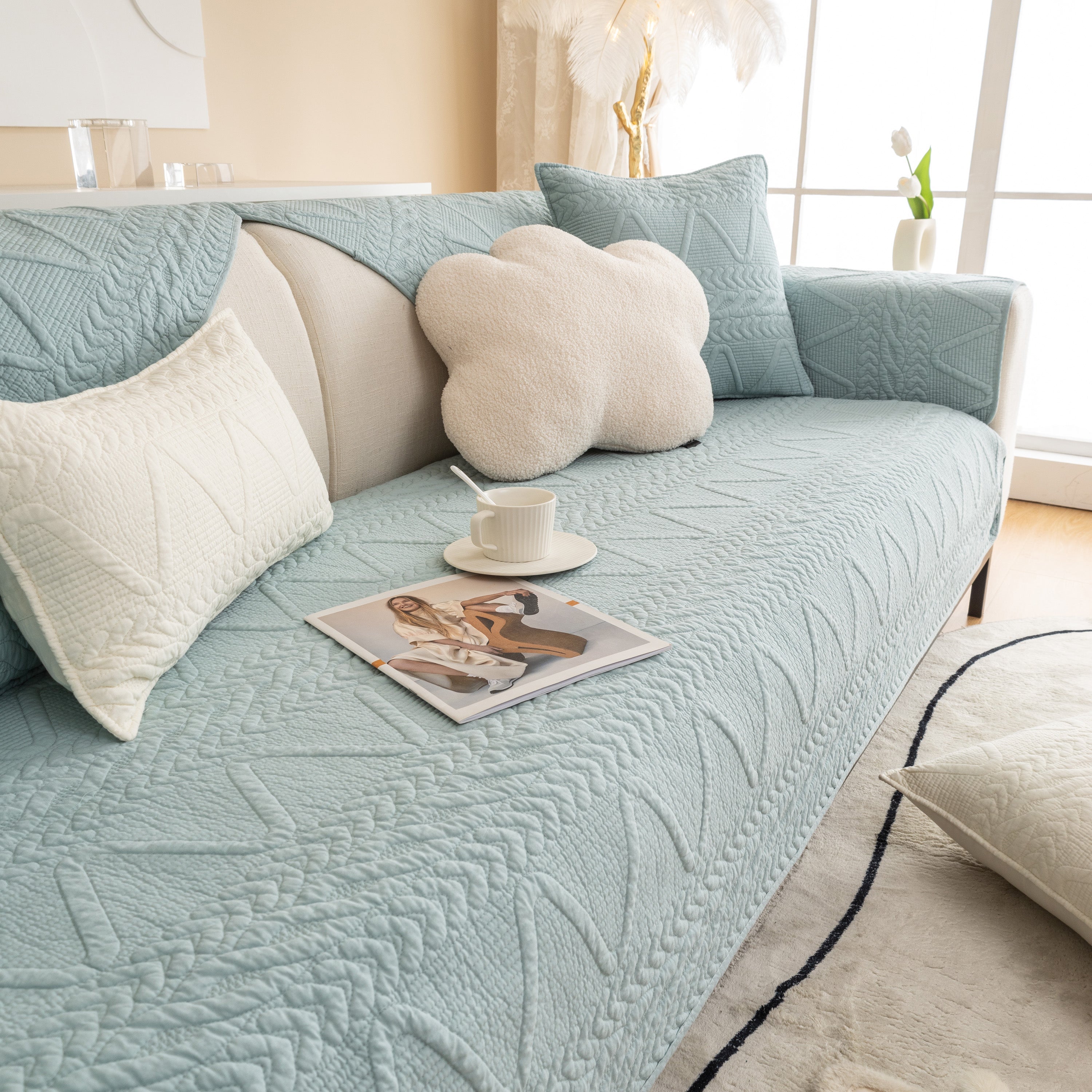 Geometric Textured Cotton Quilted Sofa Cover, Non-slip Washable Couch Protector