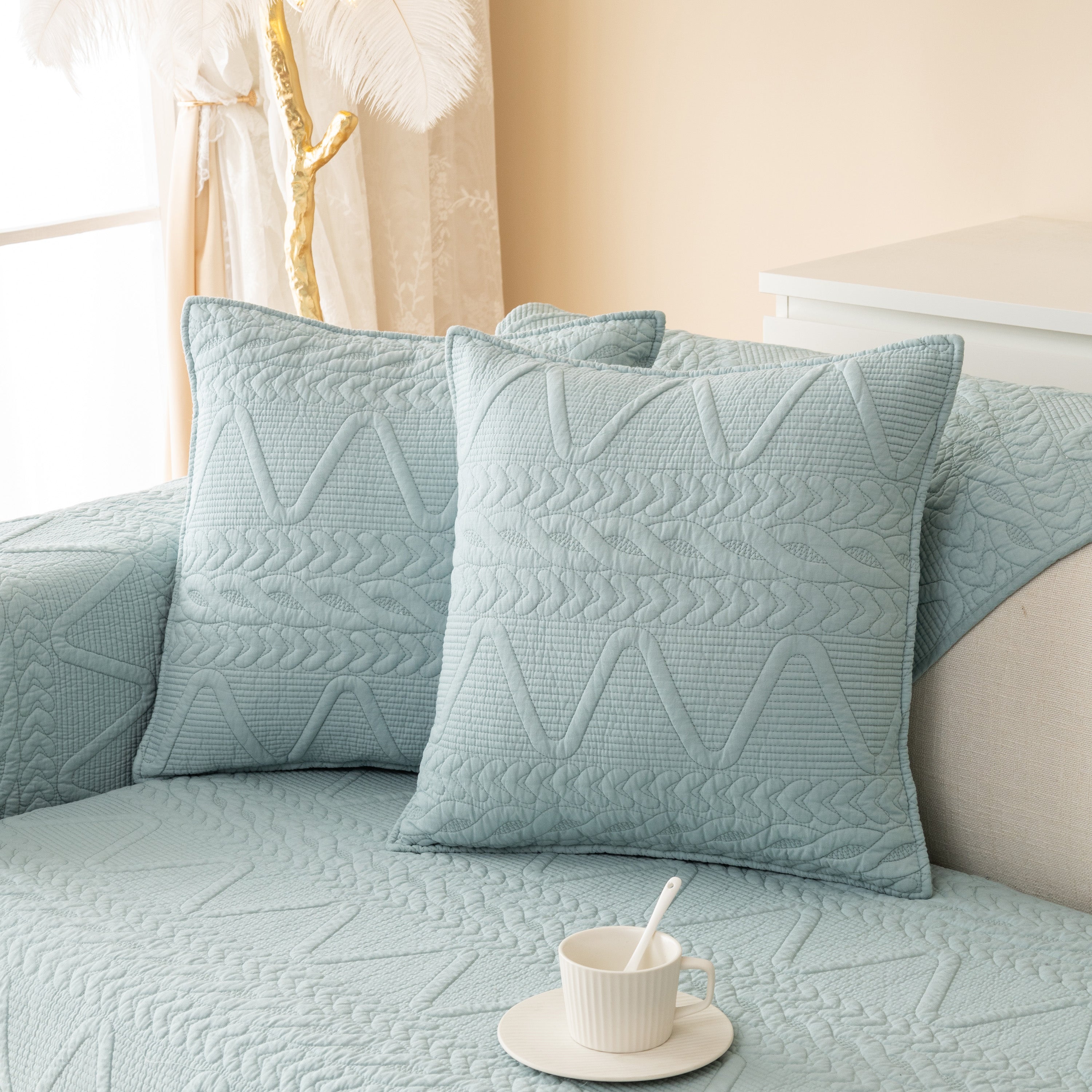 Geometric Textured Cotton Quilted Sofa Cover, Non-slip Washable Couch Protector