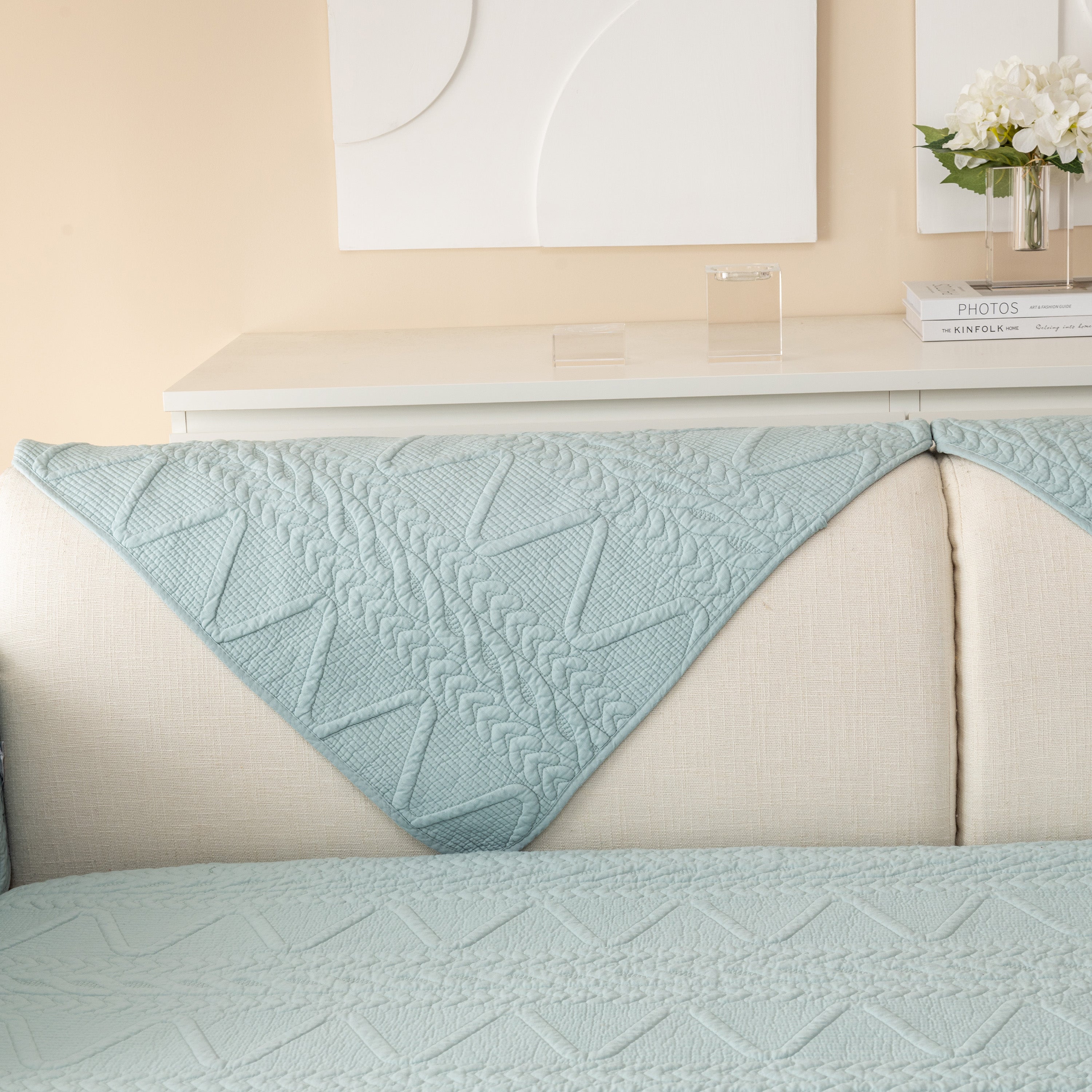 Geometric Textured Cotton Quilted Sofa Cover, Non-slip Washable Couch Protector