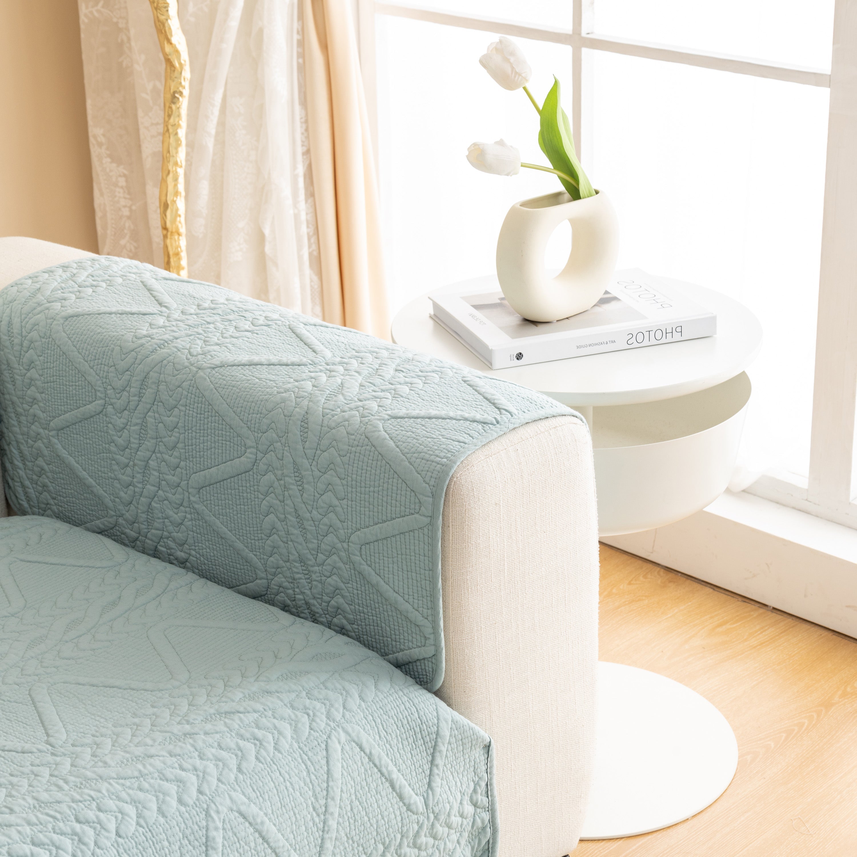 Geometric Textured Cotton Quilted Sofa Cover, Non-slip Washable Couch Protector