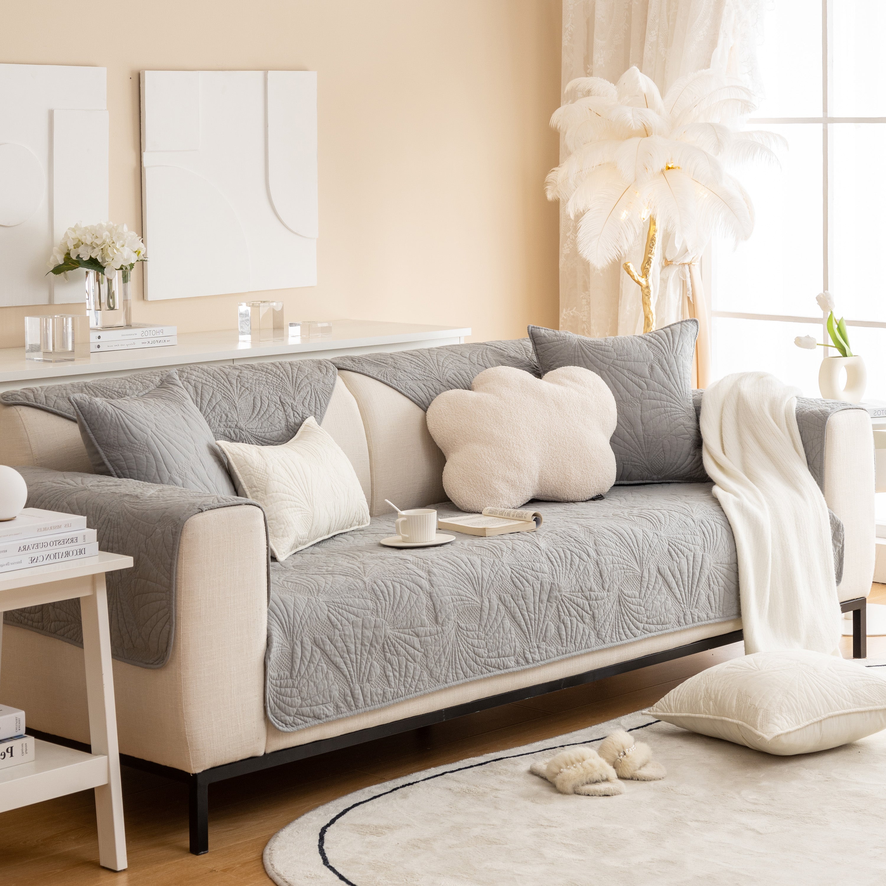 Embossed Leaf Cotton Quilted Sofa Cover Non-slip Couch Protector With Thick Padding