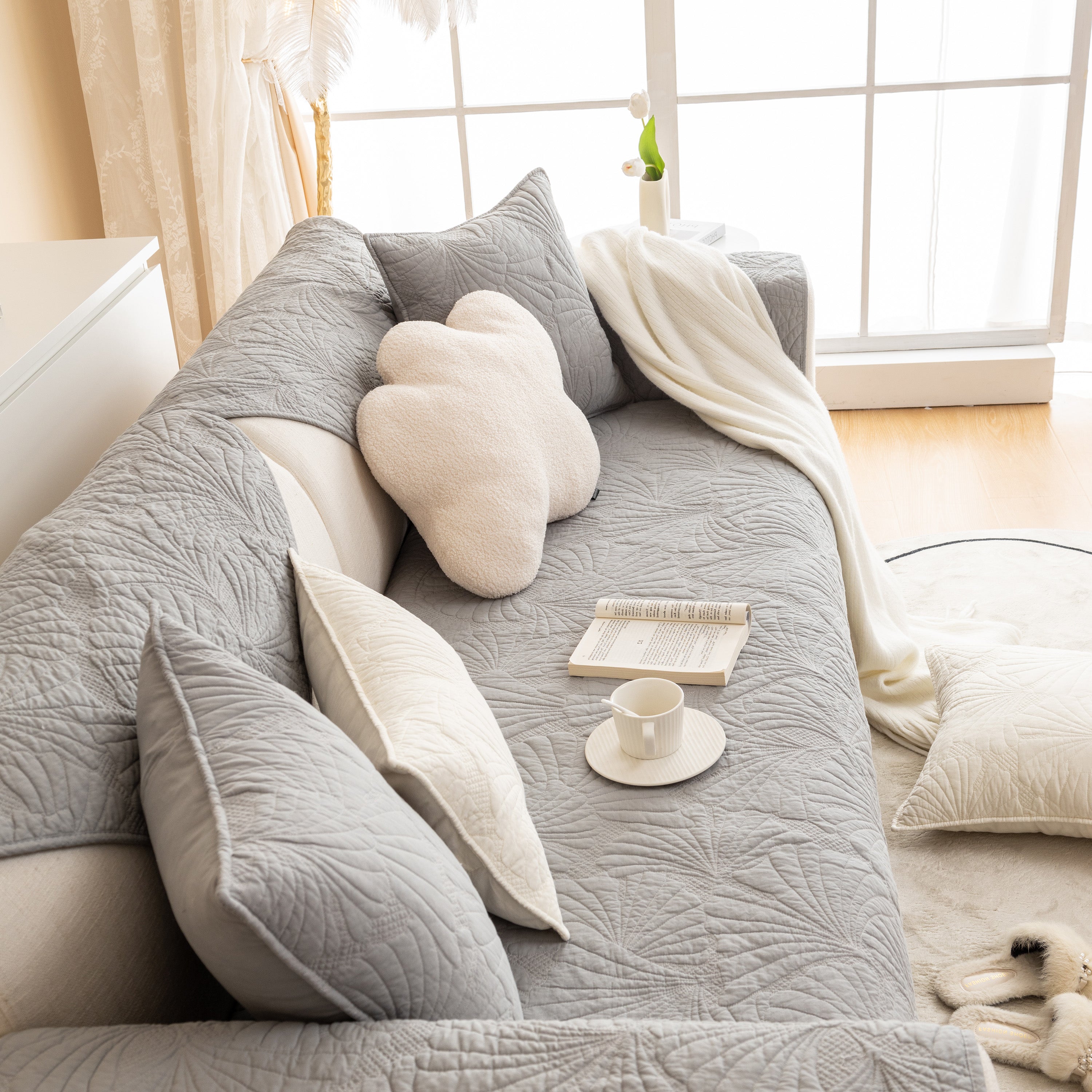 Embossed Leaf Cotton Quilted Sofa Cover Non-slip Couch Protector With Thick Padding