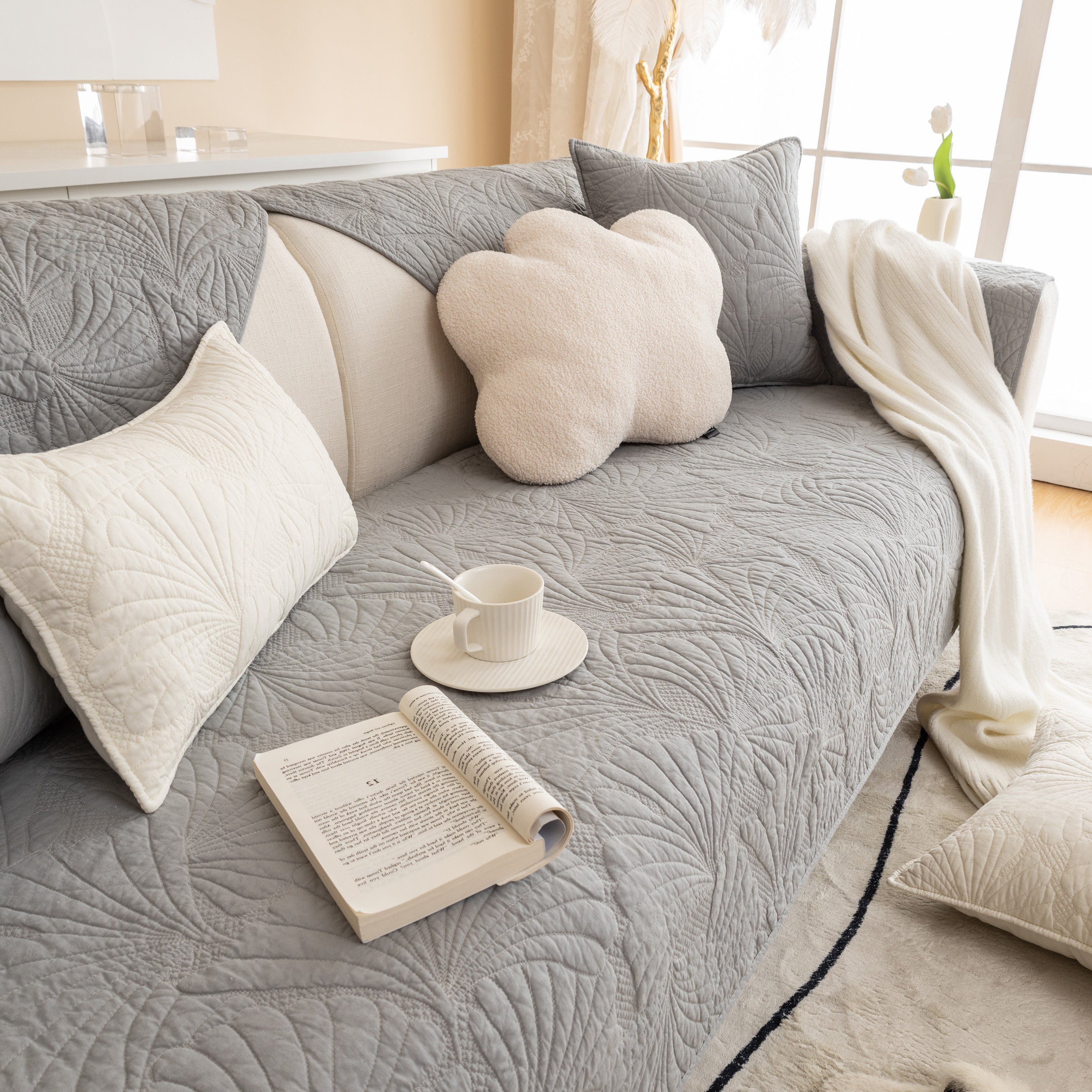 Embossed Leaf Cotton Quilted Sofa Cover Non-slip Couch Protector With Thick Padding