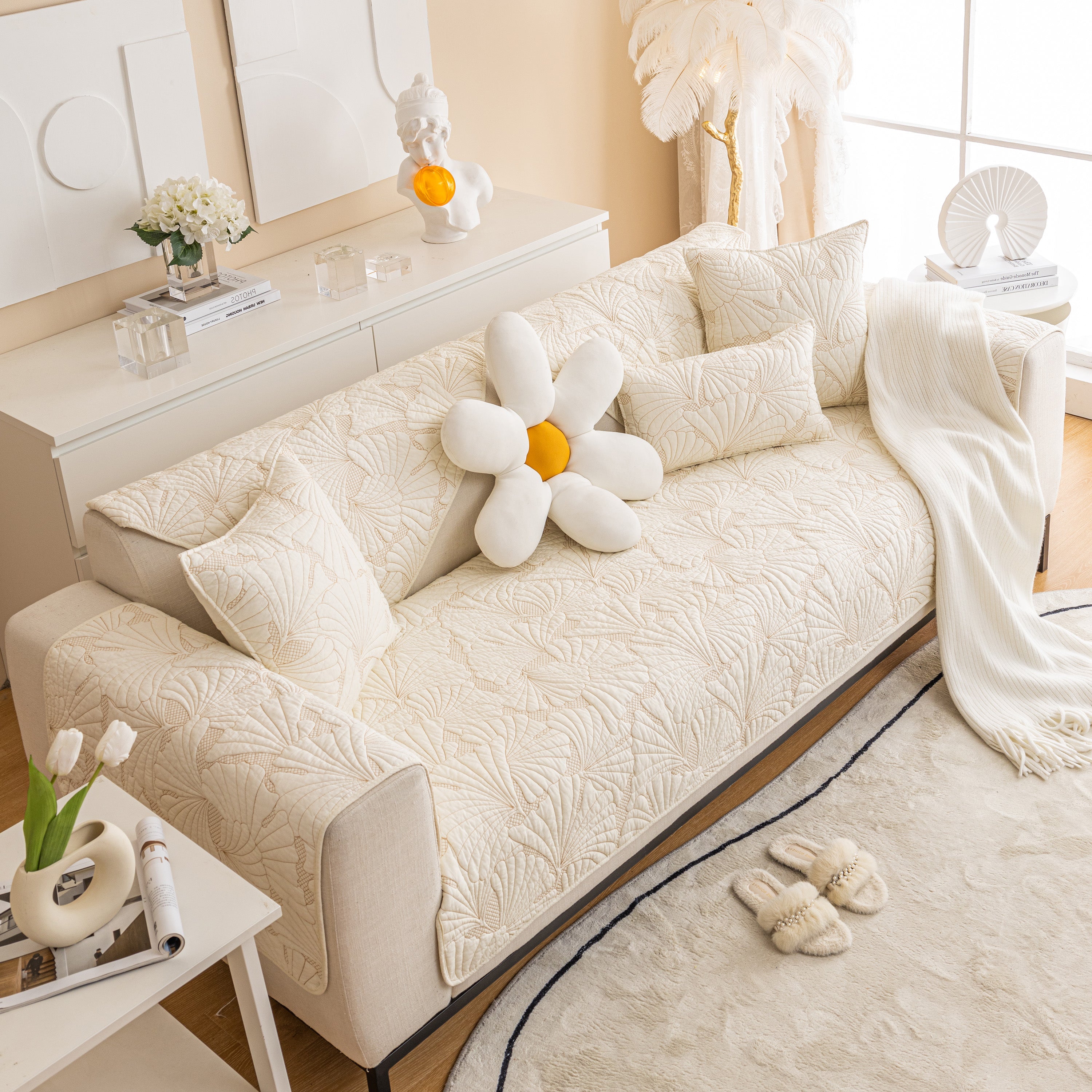 Embossed Leaf Cotton Quilted Sofa Cover Non-slip Couch Protector With Thick Padding