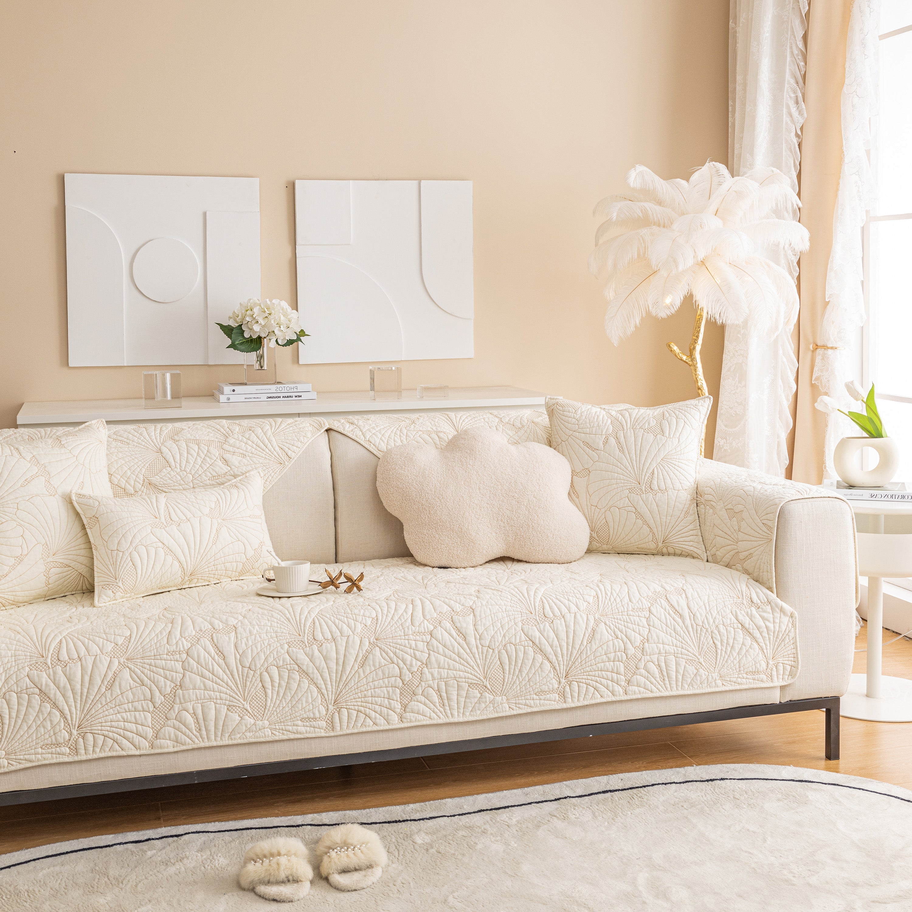 Embossed Leaf Cotton Quilted Sofa Cover Non-slip Couch Protector With Thick Padding
