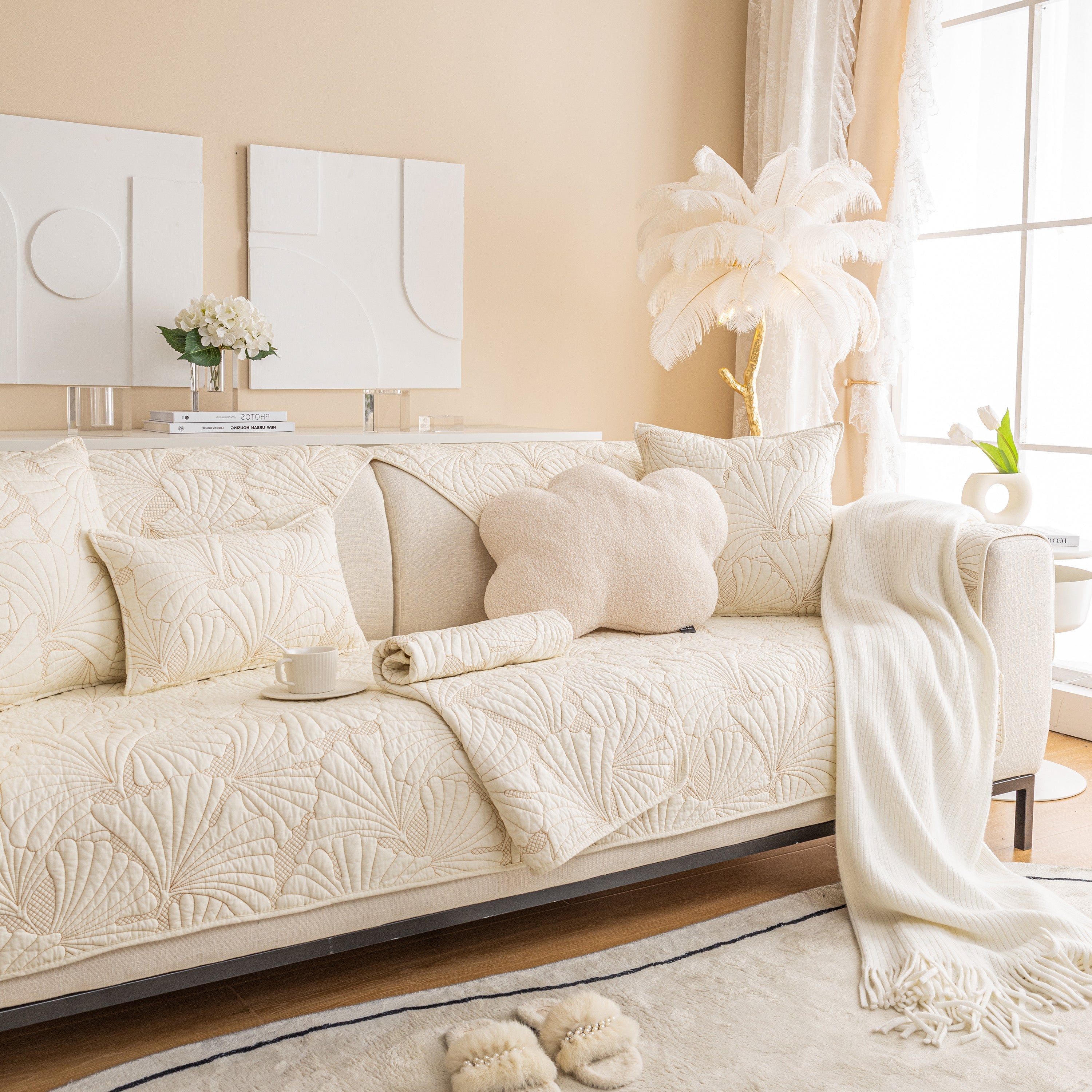 Embossed Leaf Cotton Quilted Sofa Cover Non-slip Couch Protector With Thick Padding