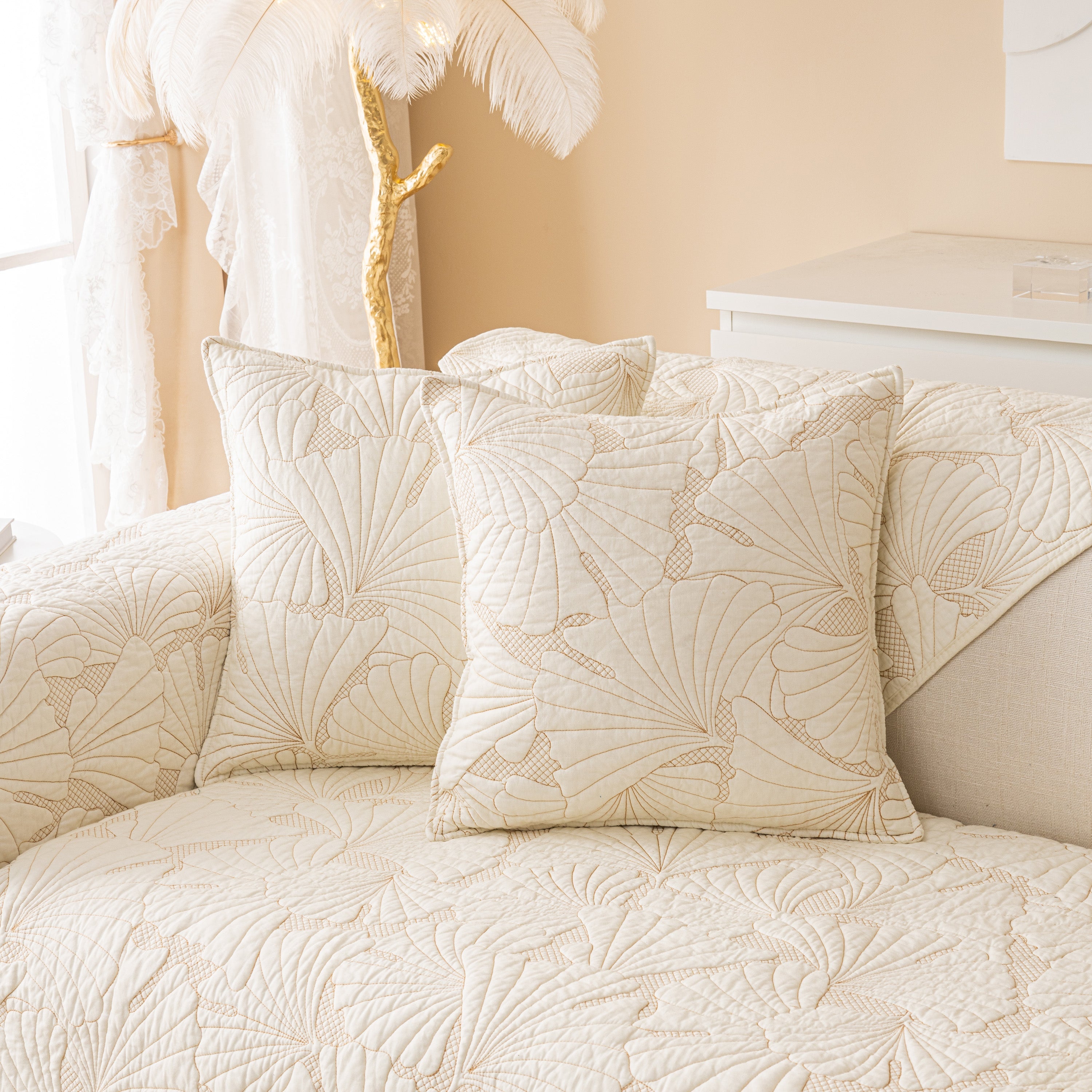 Embossed Leaf Cotton Quilted Sofa Cover Non-slip Couch Protector With Thick Padding