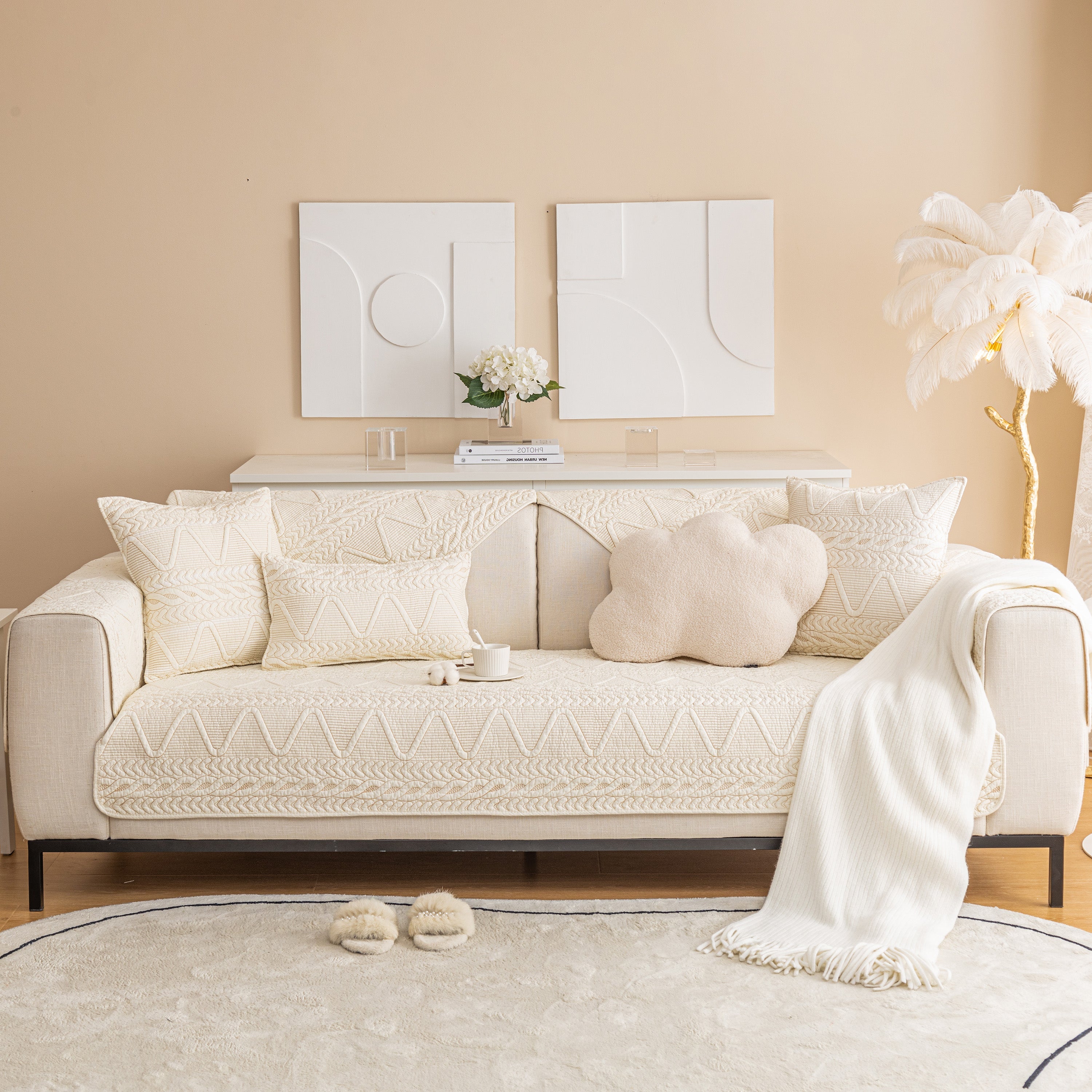 Geometric Textured Cotton Quilted Sofa Cover, Non-slip Washable Couch Protector
