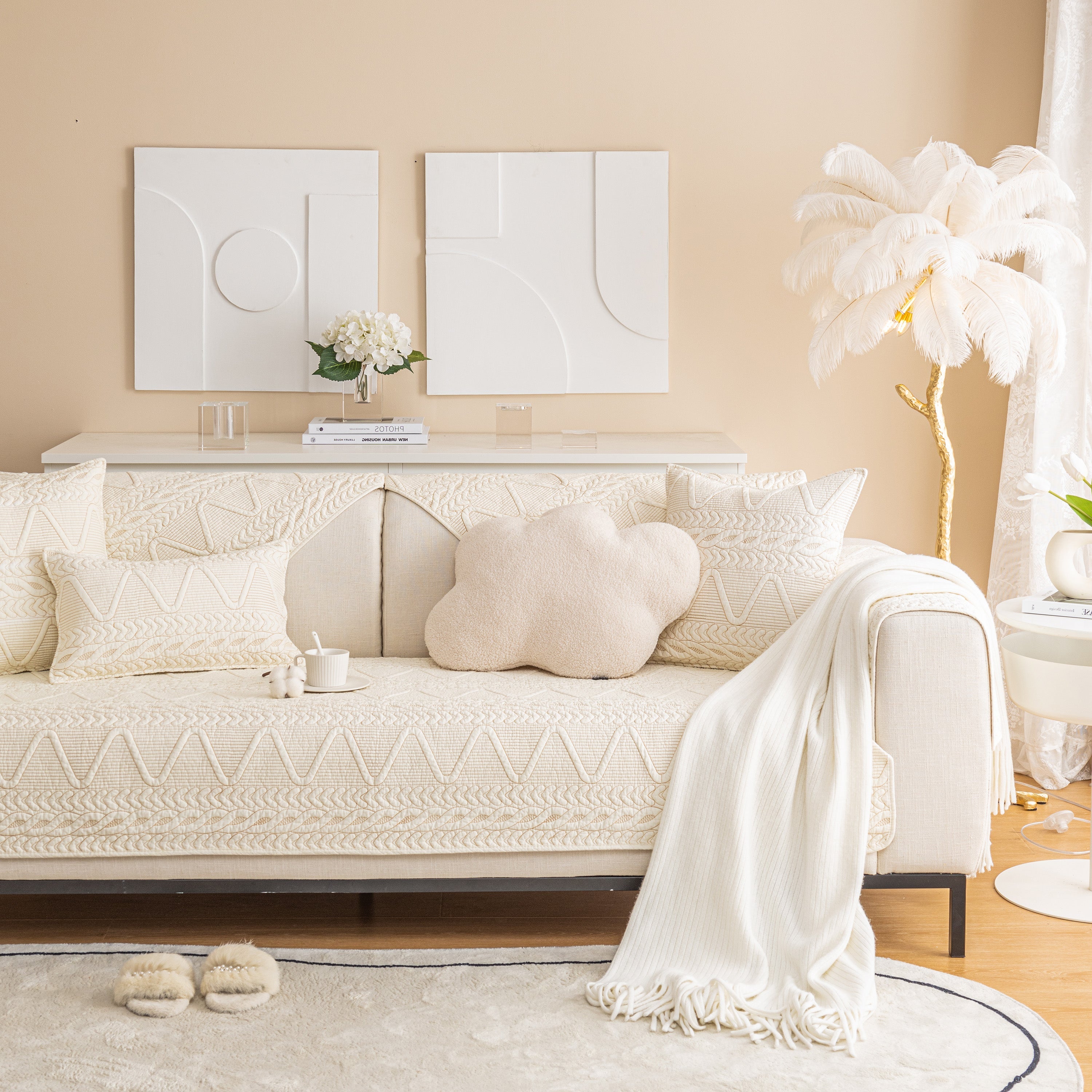 Geometric Textured Cotton Quilted Sofa Cover, Non-slip Washable Couch Protector