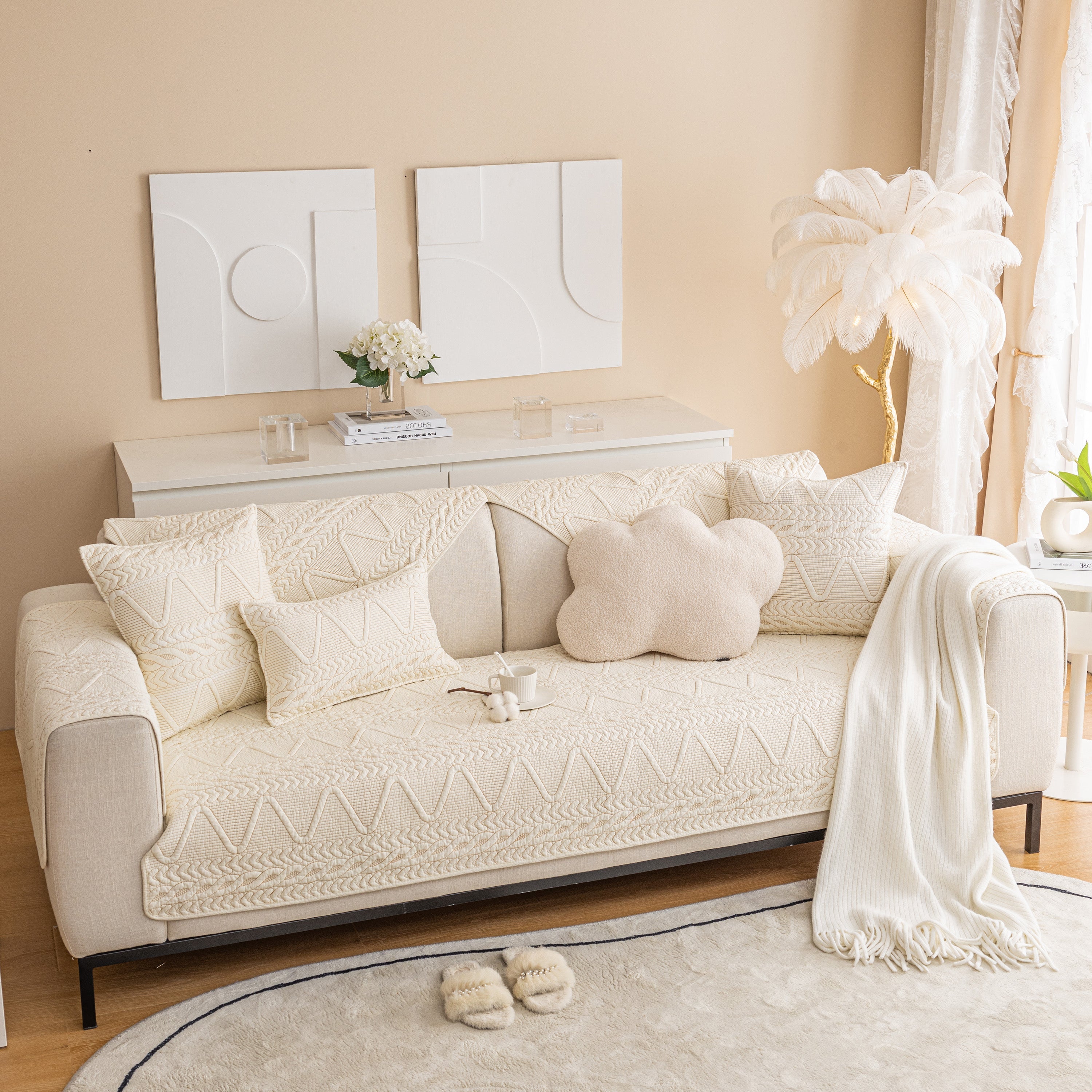 Geometric Textured Cotton Quilted Sofa Cover, Non-slip Washable Couch Protector
