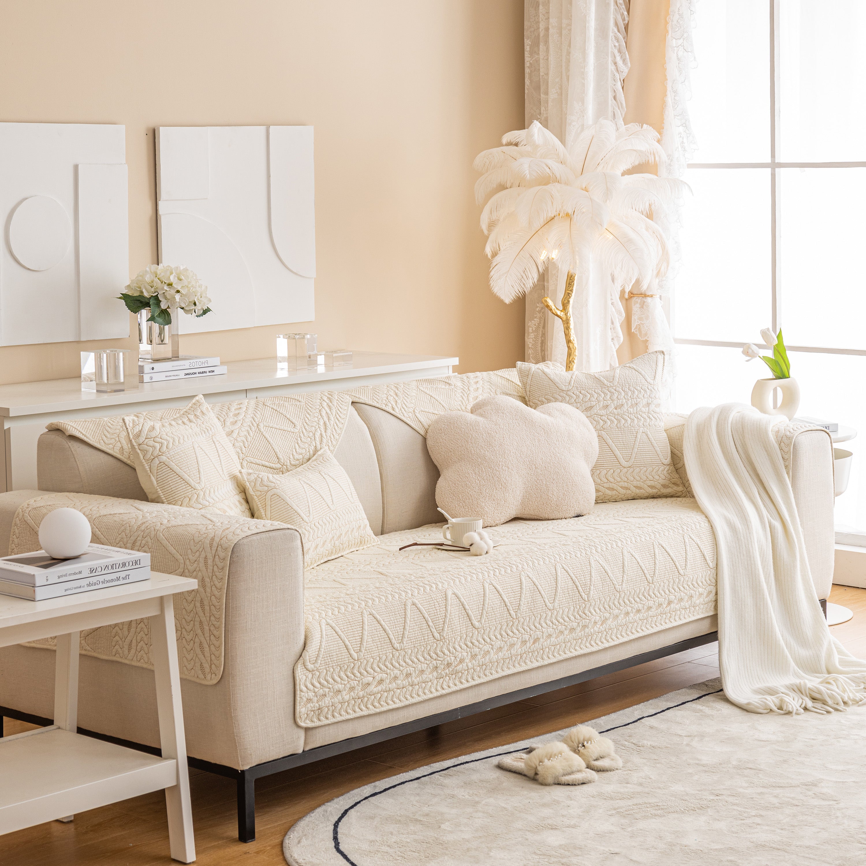 Geometric Textured Cotton Quilted Sofa Cover, Non-slip Washable Couch Protector