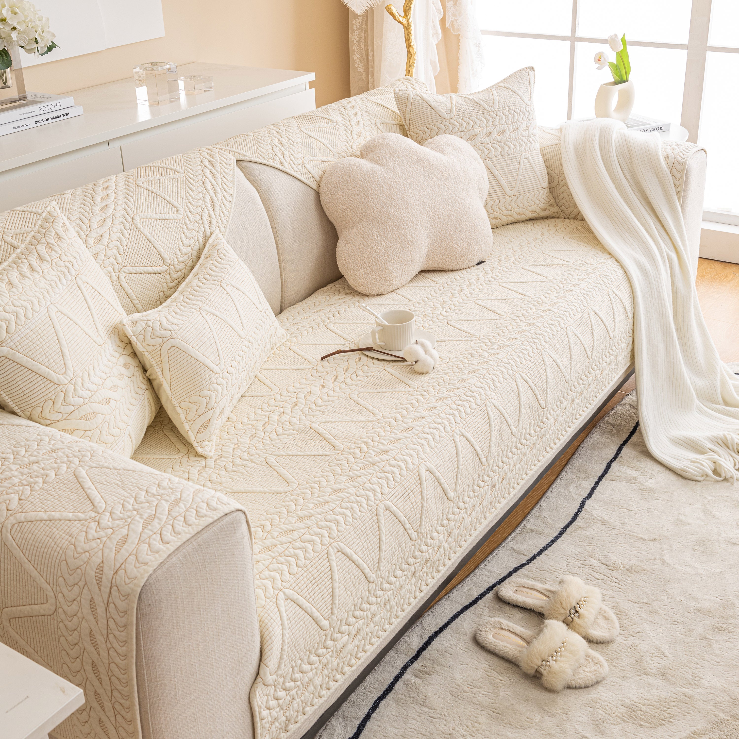 Geometric Textured Cotton Quilted Sofa Cover, Non-slip Washable Couch Protector