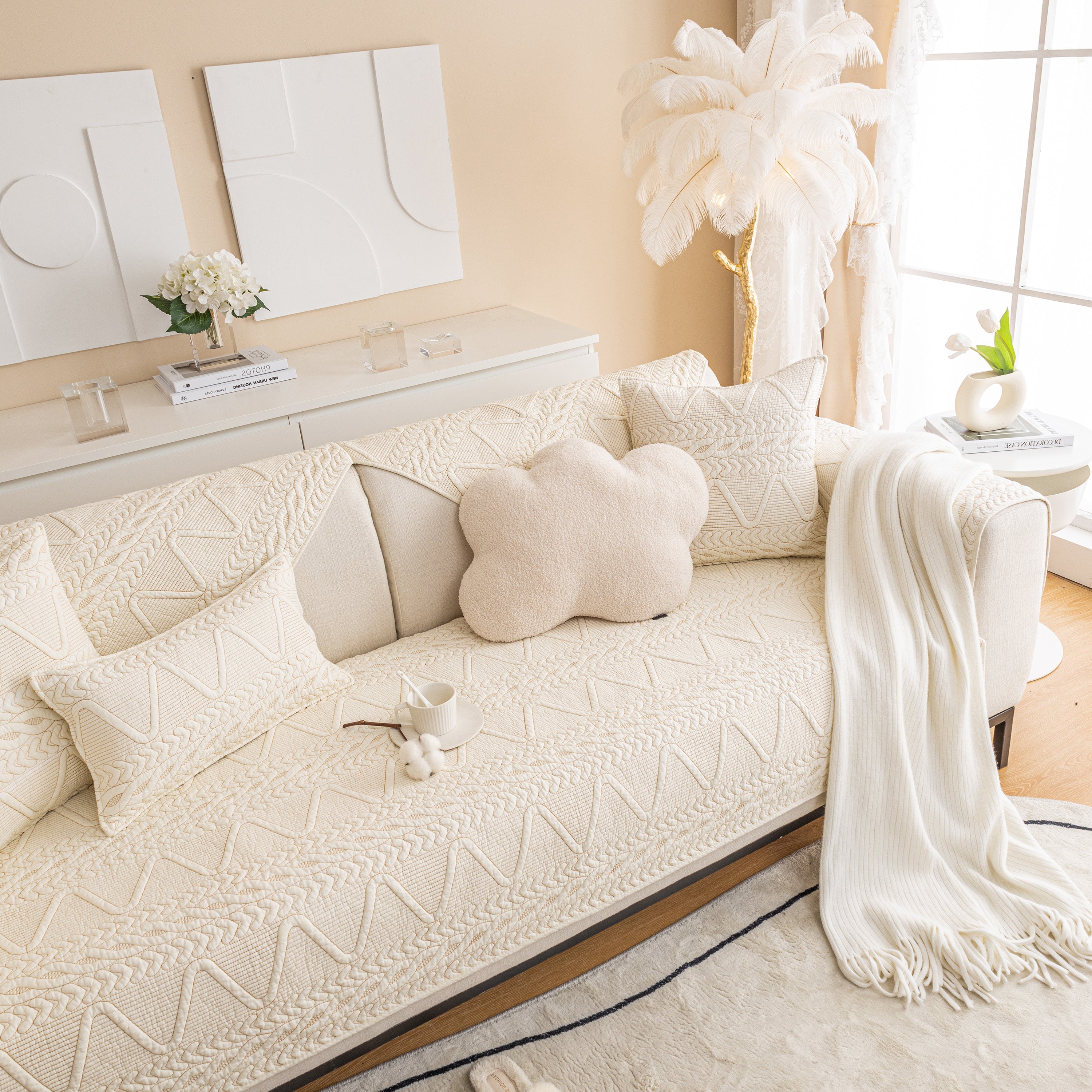 Geometric Textured Cotton Quilted Sofa Cover, Non-slip Washable Couch Protector