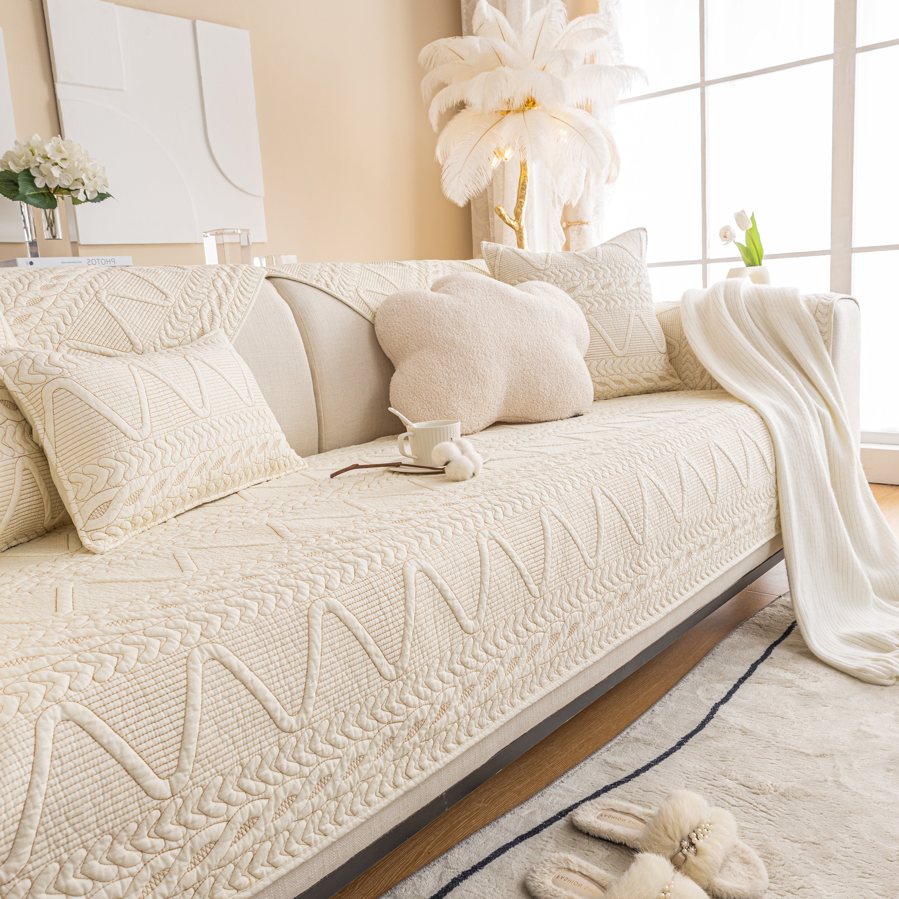Geometric Textured Cotton Quilted Sofa Cover, Non-slip Washable Couch Protector