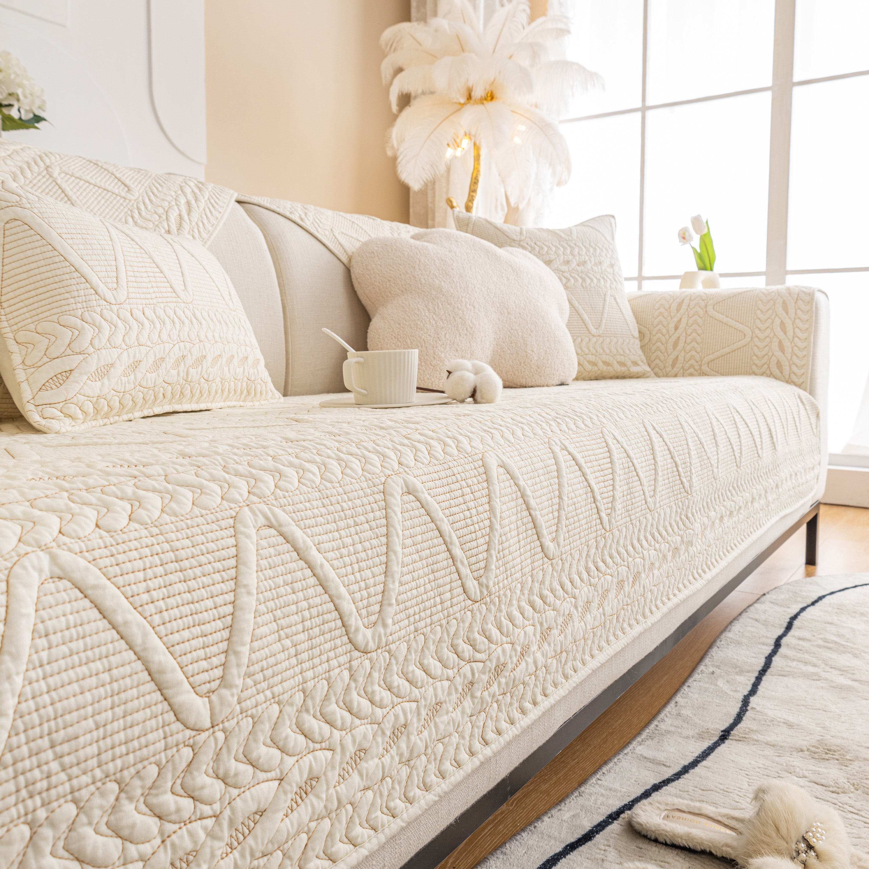 Geometric Textured Cotton Quilted Sofa Cover, Non-slip Washable Couch Protector