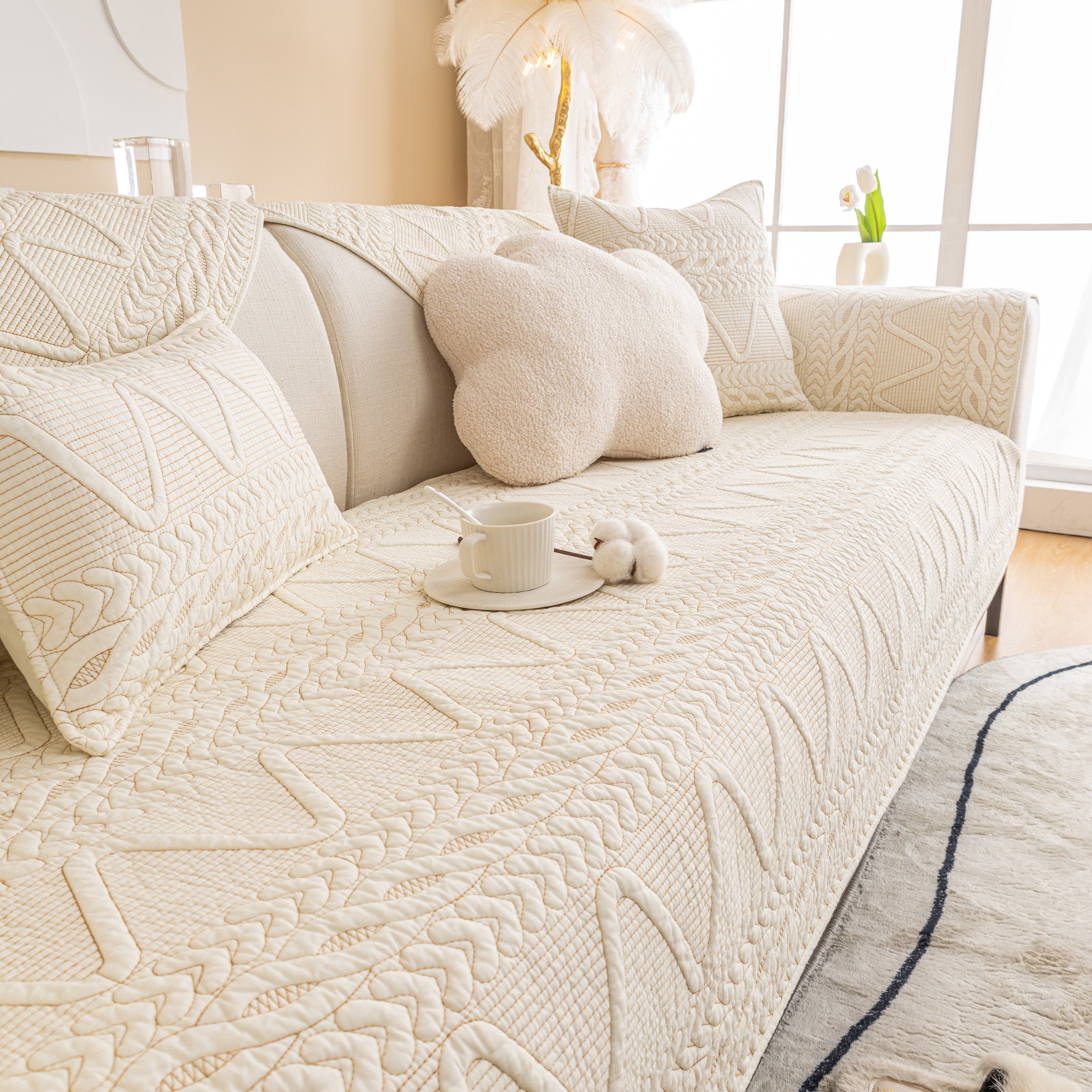 Geometric Textured Cotton Quilted Sofa Cover, Non-slip Washable Couch Protector
