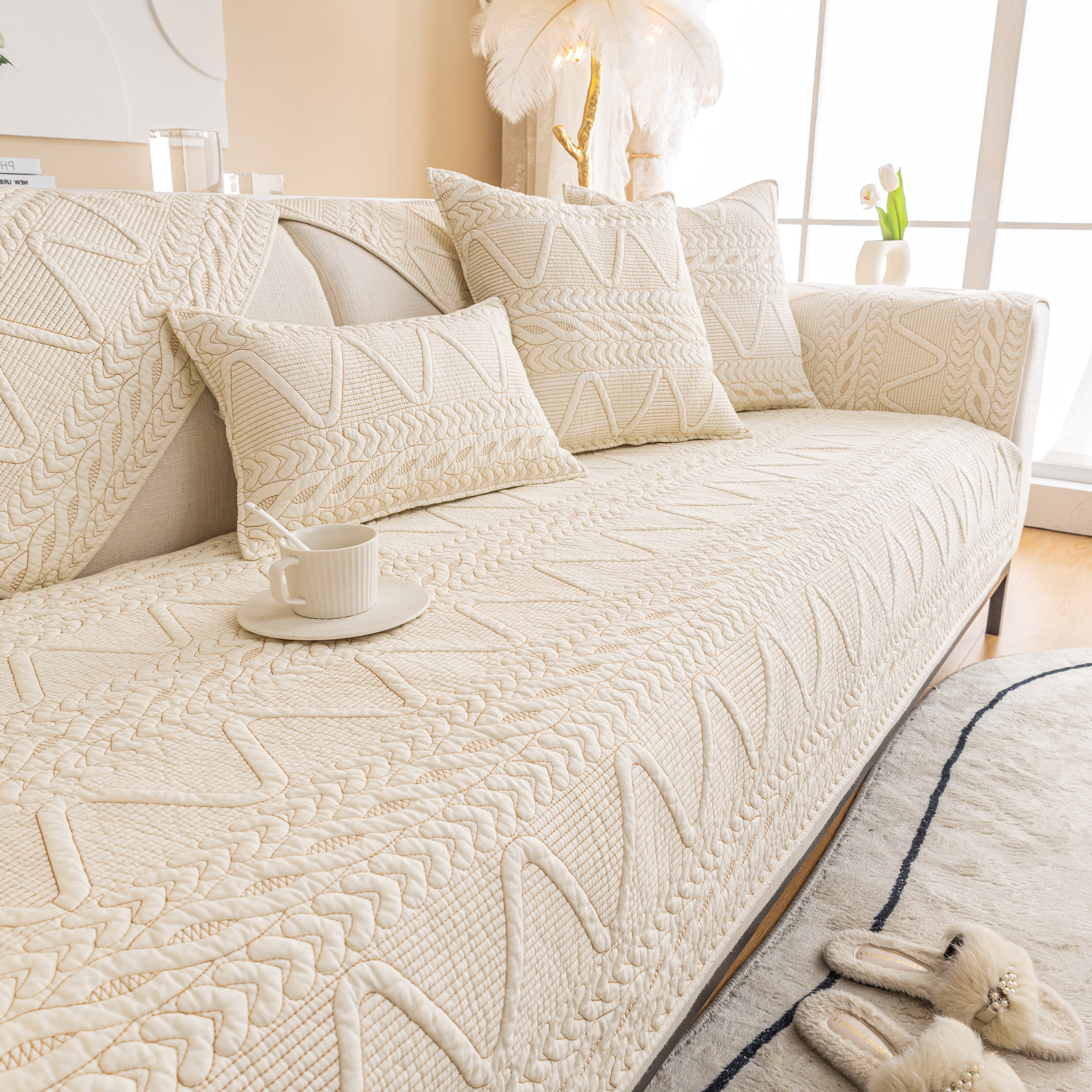 Geometric Textured Cotton Quilted Sofa Cover, Non-slip Washable Couch Protector