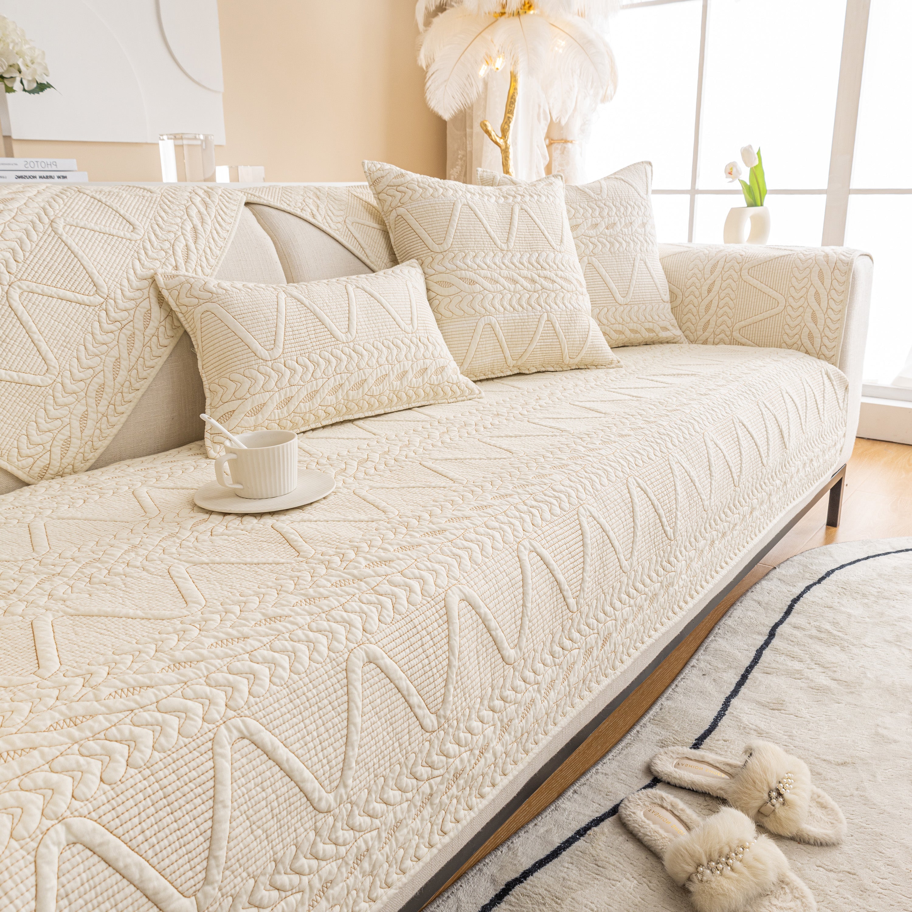 Geometric Textured Cotton Quilted Sofa Cover, Non-slip Washable Couch Protector