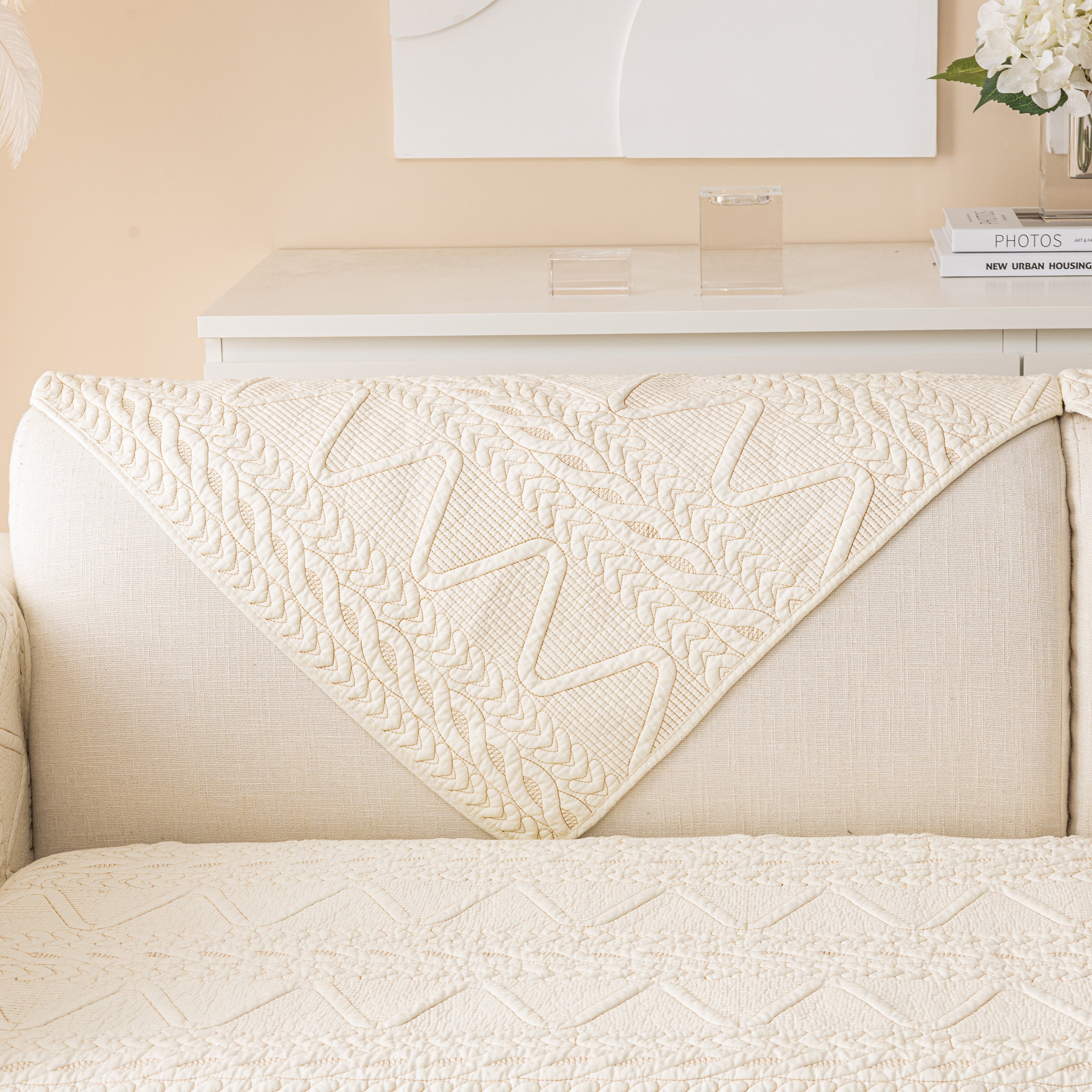 Geometric Textured Cotton Quilted Sofa Cover, Non-slip Washable Couch Protector