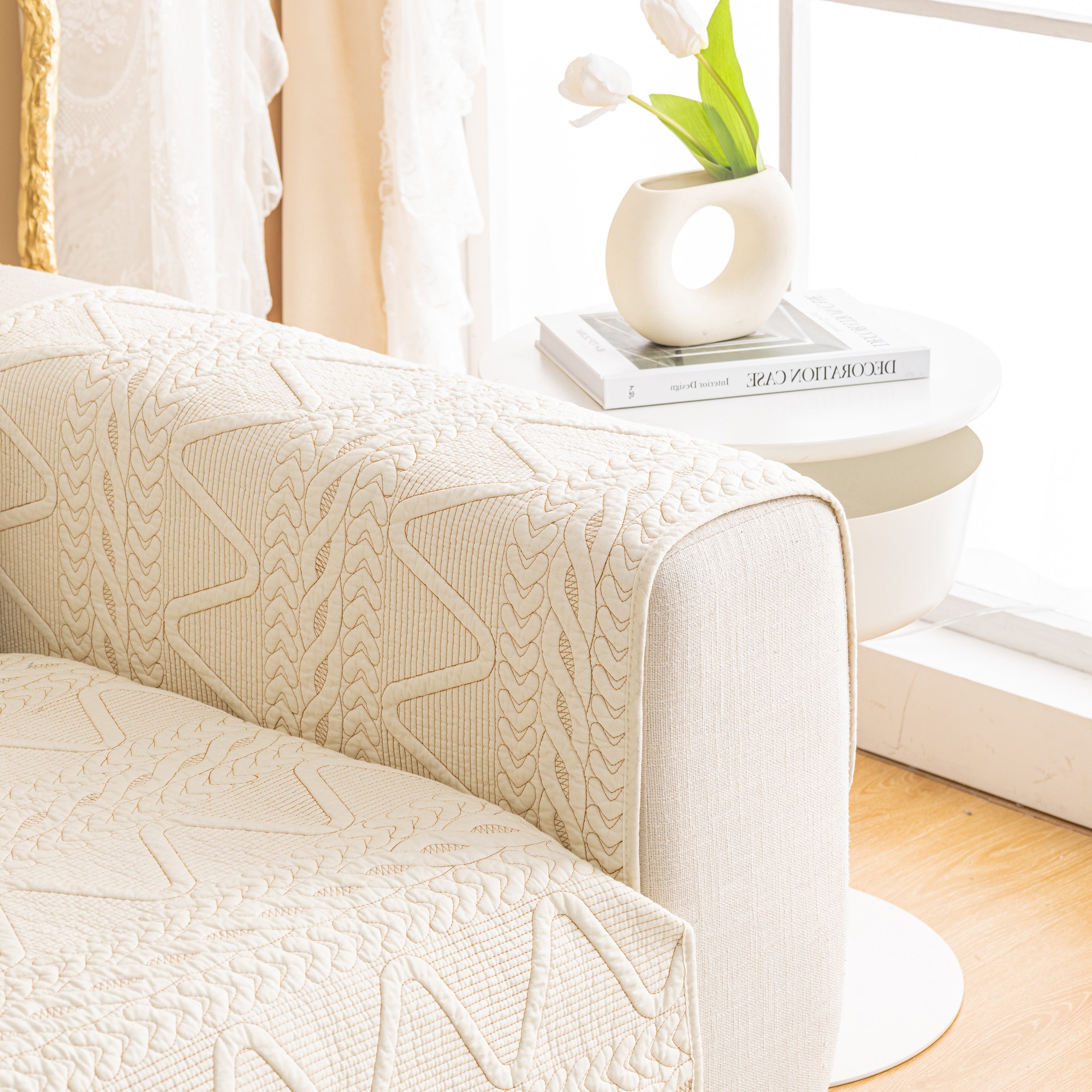 Geometric Textured Cotton Quilted Sofa Cover, Non-slip Washable Couch Protector