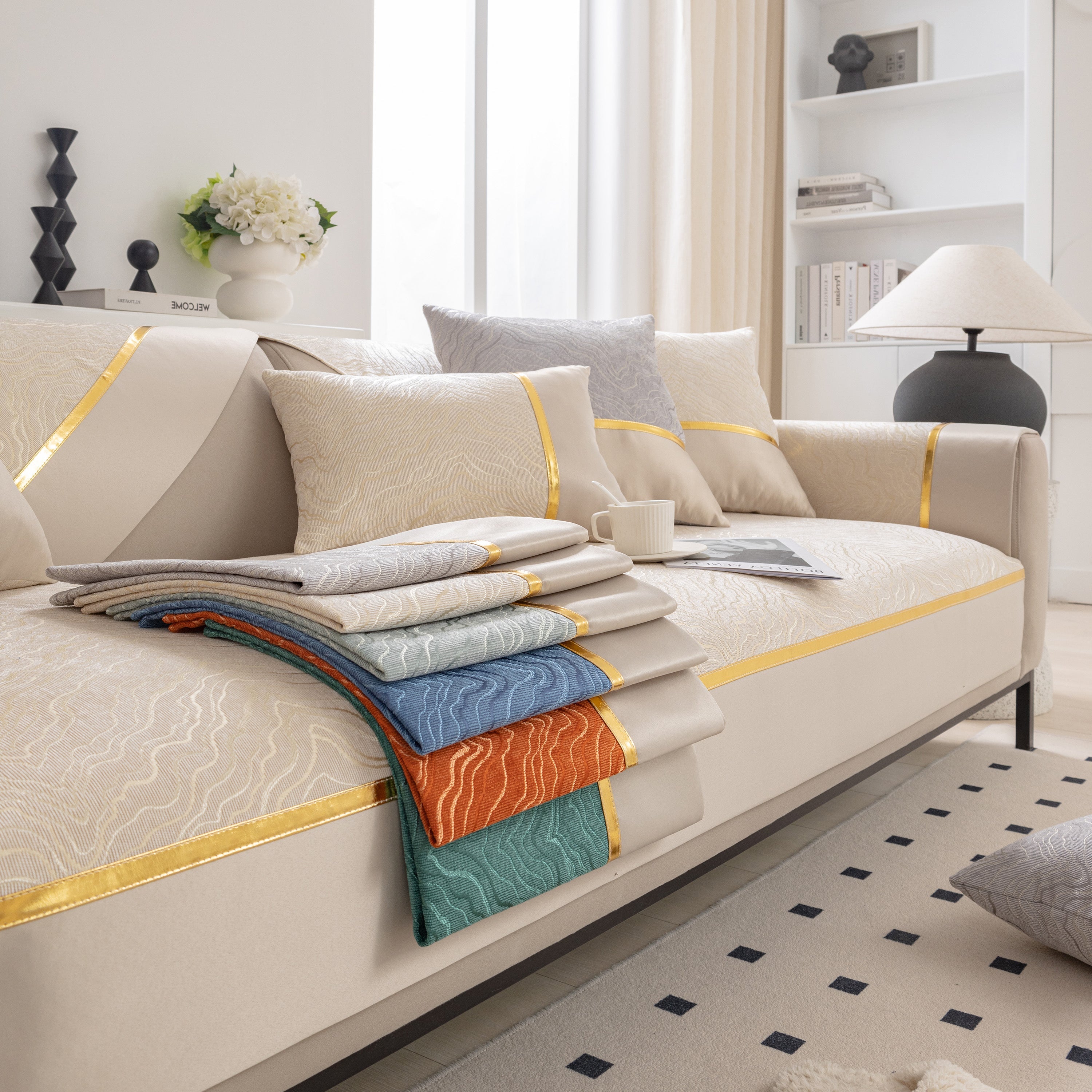 Modular Sofa Cover For Sectionals, Gold Striped Non-slip Couch Protector
