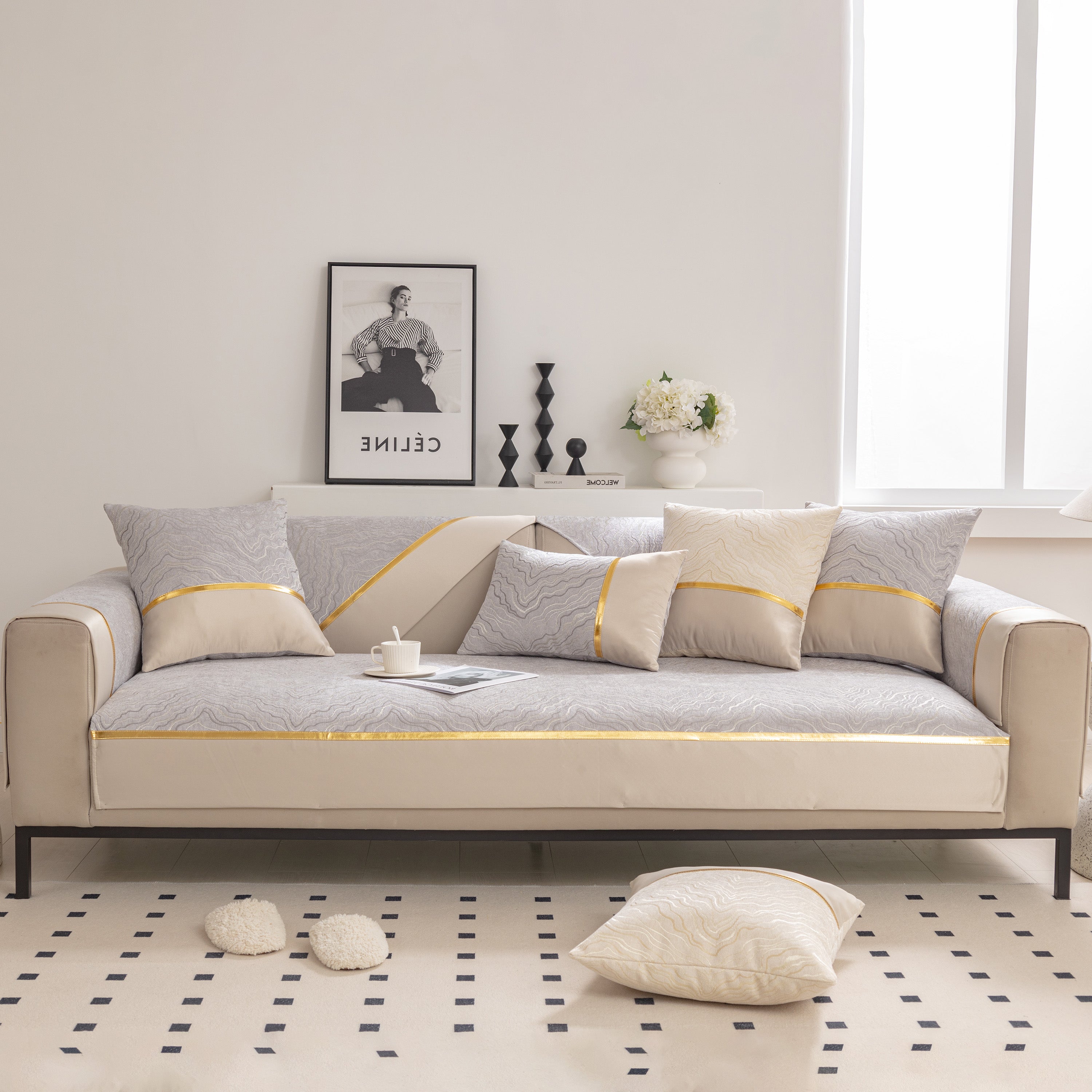 Modular Sofa Cover For Sectionals, Gold Striped Non-slip Couch Protector