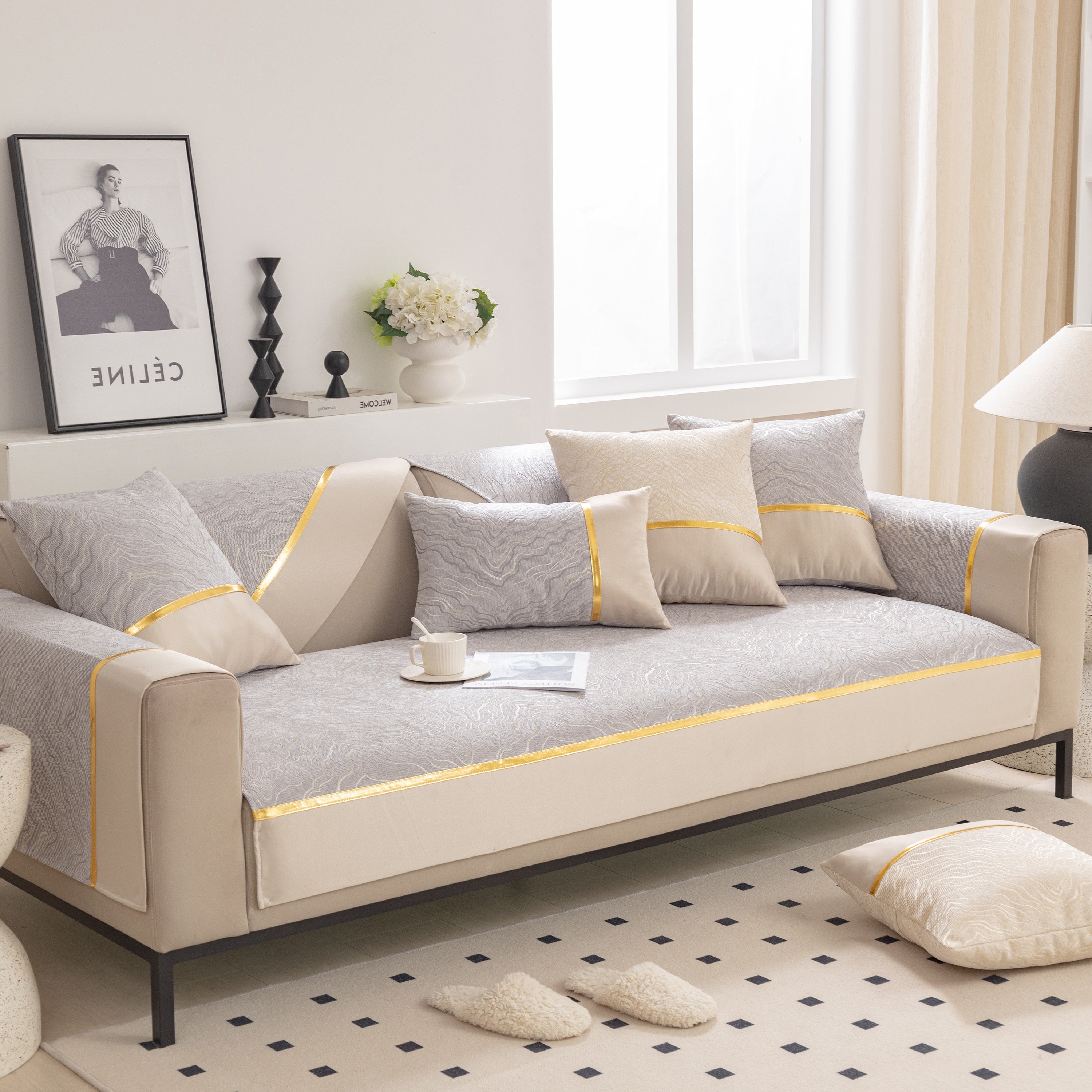 Modular Sofa Cover For Sectionals, Gold Striped Non-slip Couch Protector