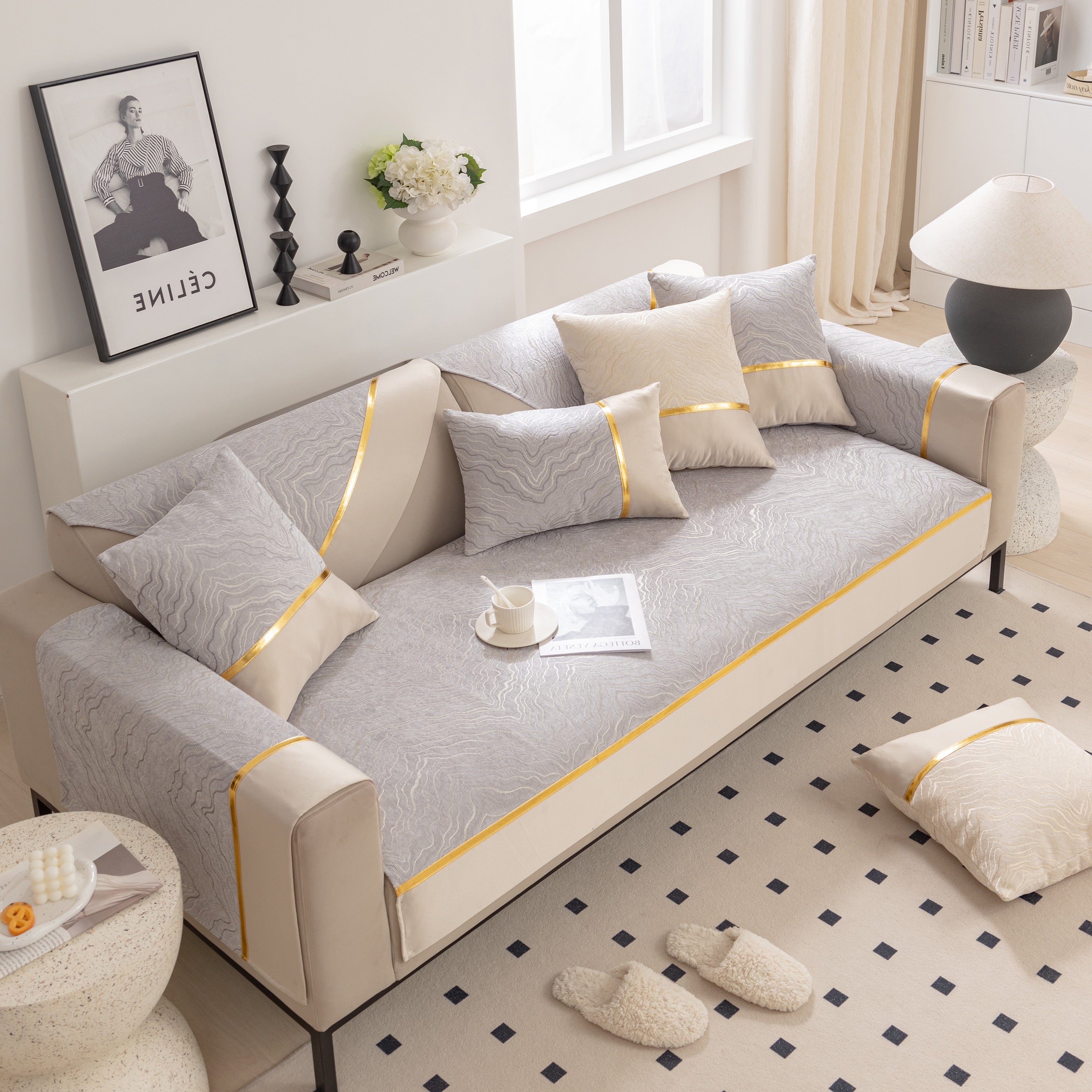 Modular Sofa Cover For Sectionals, Gold Striped Non-slip Couch Protector