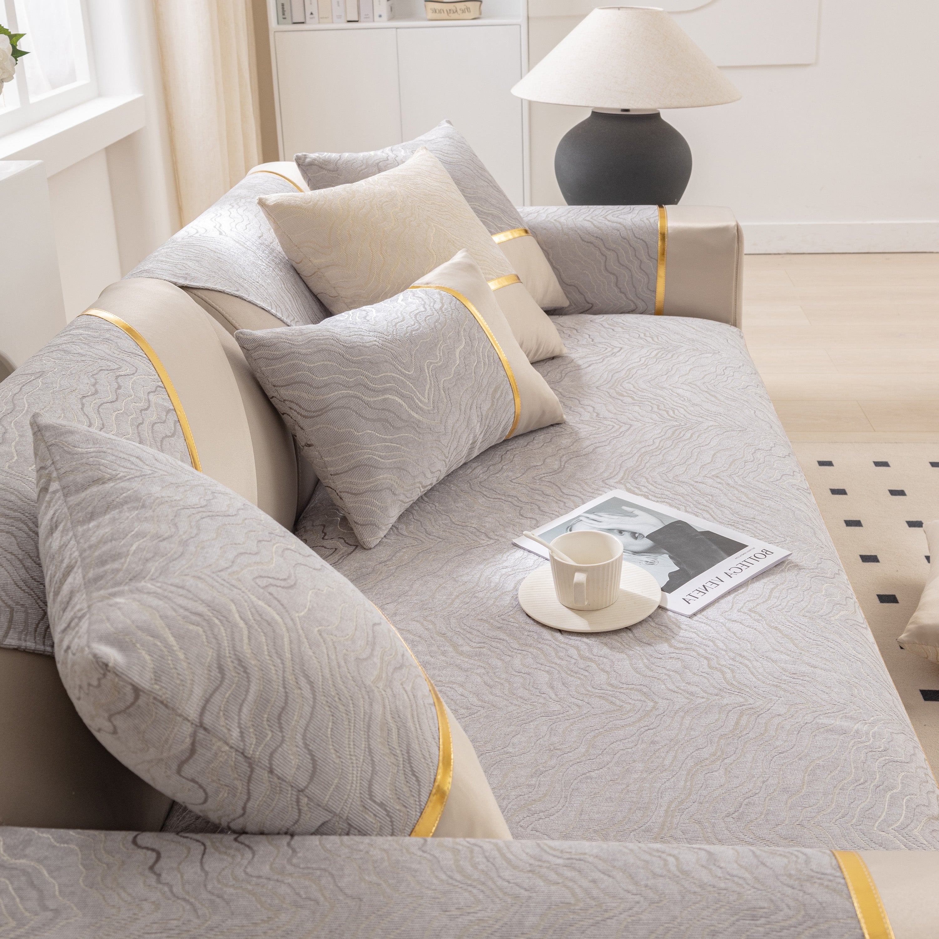 Modular Sofa Cover For Sectionals, Gold Striped Non-slip Couch Protector