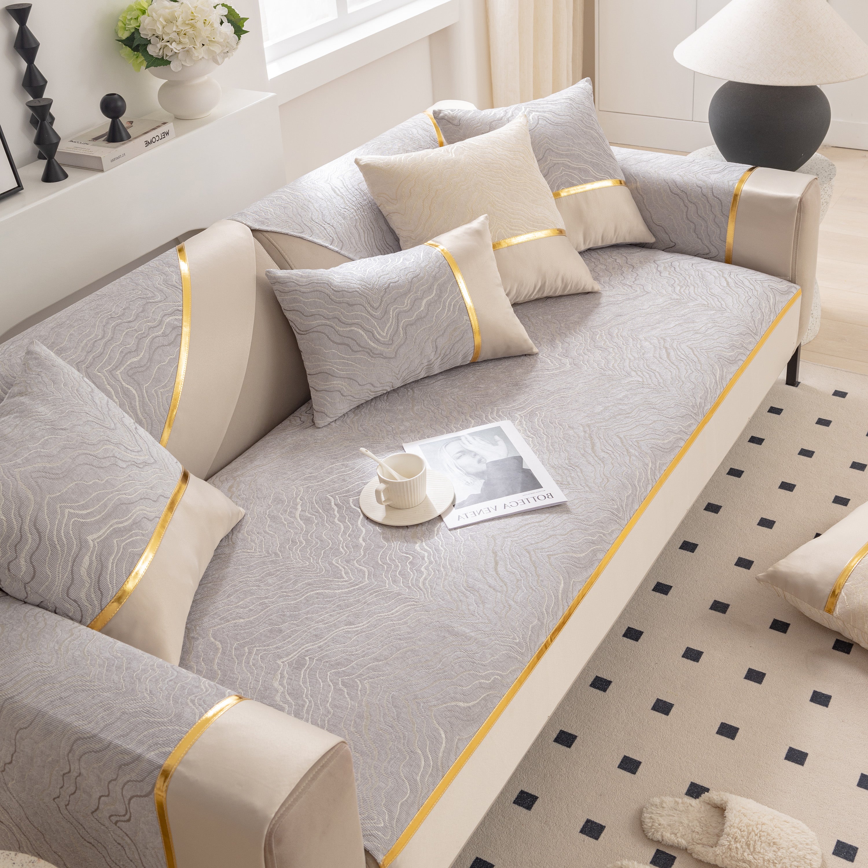 Modular Sofa Cover For Sectionals, Gold Striped Non-slip Couch Protector
